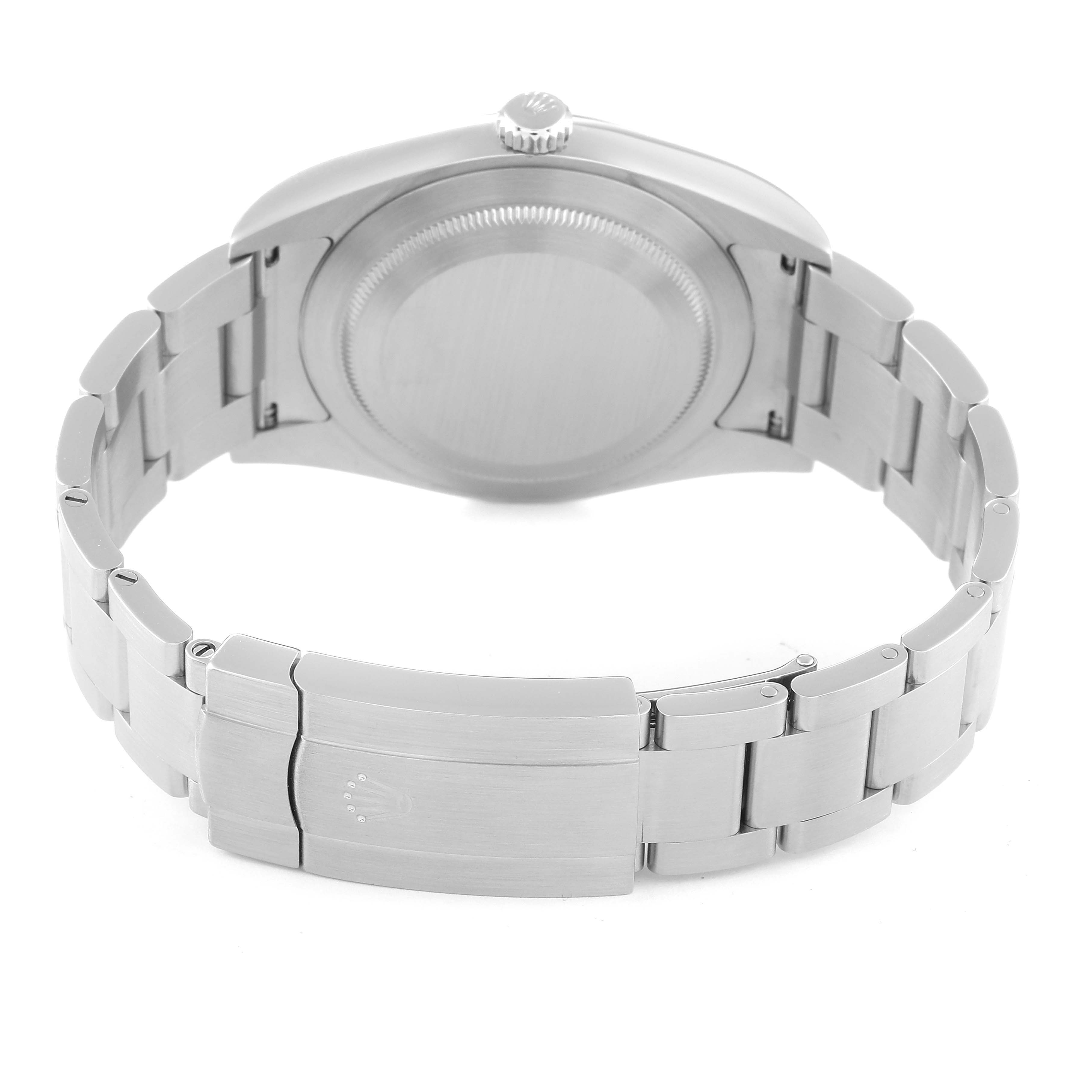 This image shows the back case and bracelet clasp of a Rolex Oyster Perpetual 114300 Men's Stainless Steel Burgundy Dial 114300 Men's Stainless Steel Burgundy Dial watch from a rear angle.