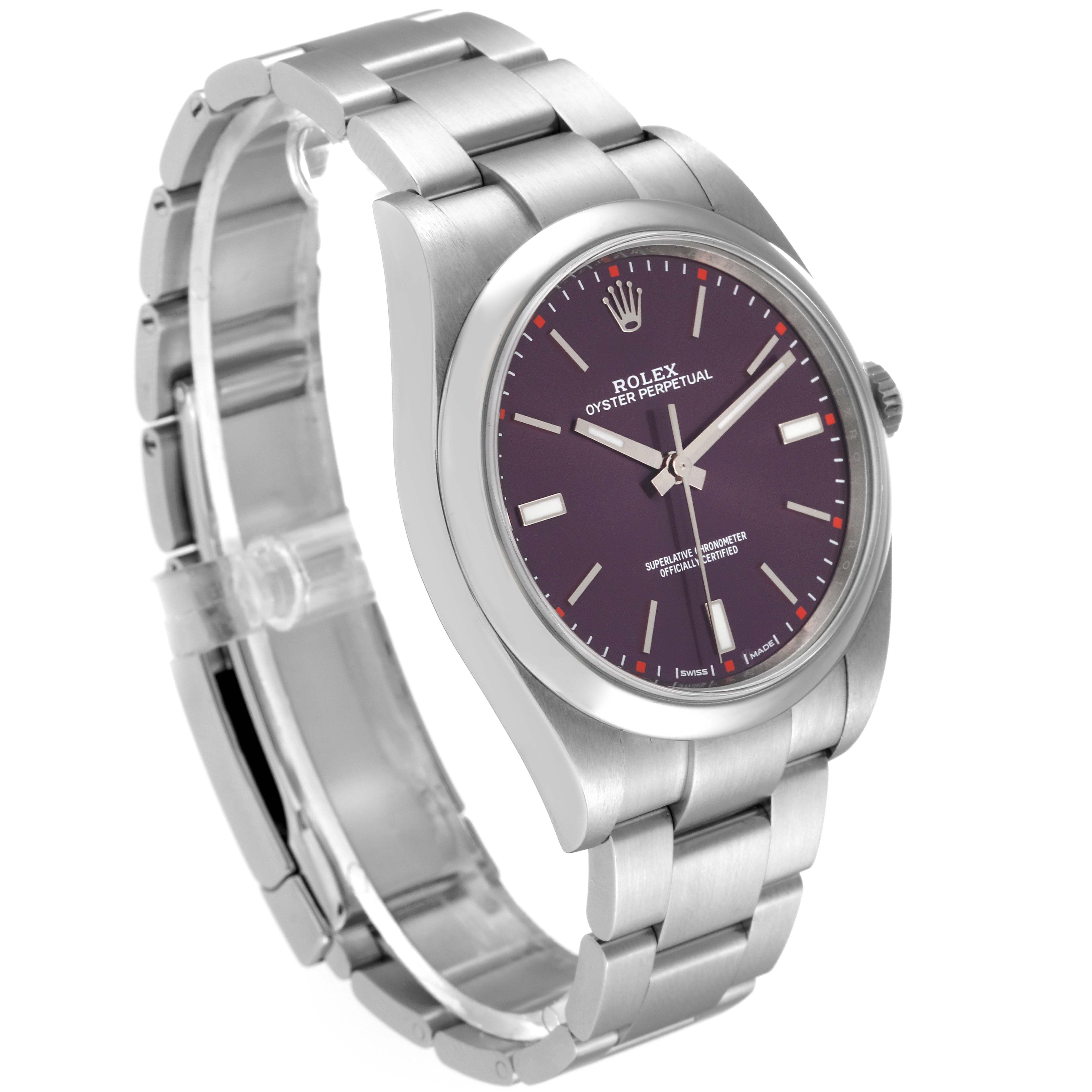 This image shows the Rolex Oyster Perpetual 114300 Men's Stainless Steel Burgundy Dial 114300 Men's Stainless Steel Burgundy Dial watch at a three-quarter angle, highlighting its face, bezel, crown, and bracelet.