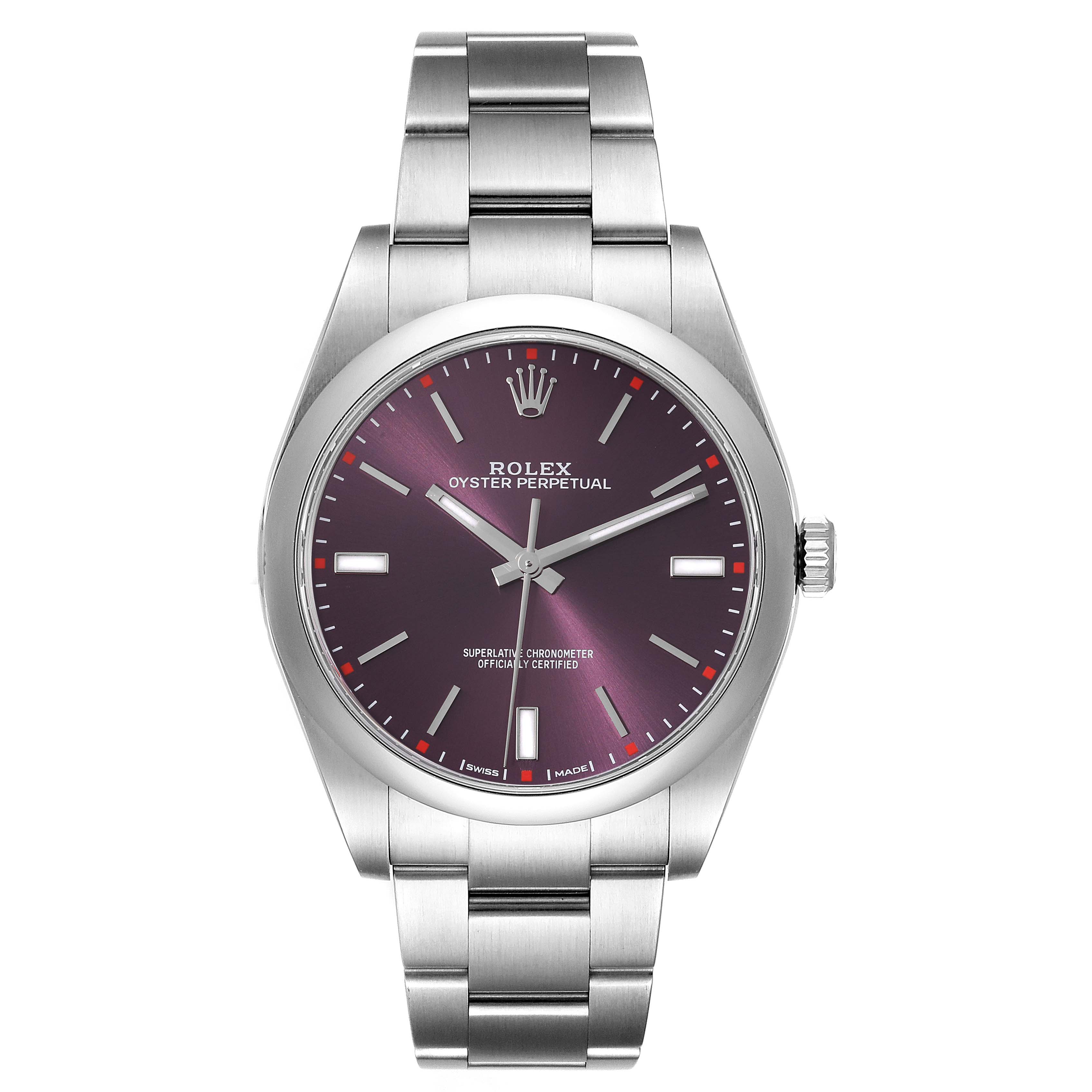The image shows a front view of a Rolex Oyster Perpetual 114300 Men's Stainless Steel Burgundy Dial 114300 Men's Stainless Steel Burgundy Dial watch with a stainless steel bracelet and a purple dial.