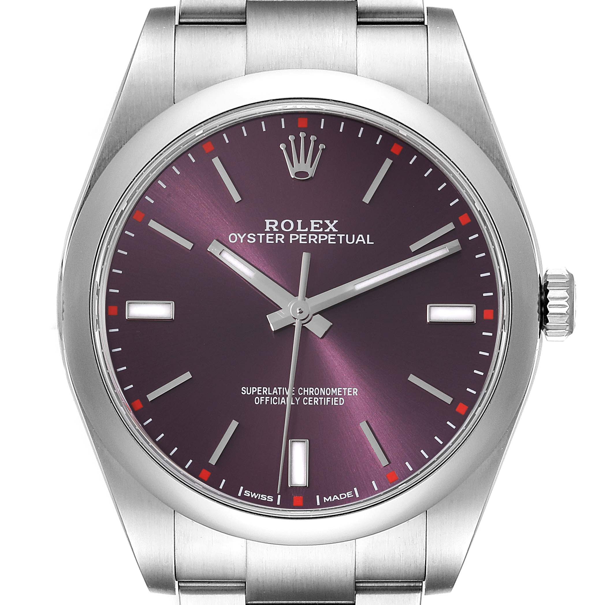 The image shows a front view of the Rolex Oyster Perpetual 114300 Men's Stainless Steel Burgundy Dial 114300 Men's Stainless Steel Burgundy Dial watch, highlighting its face, bezel, and part of the bracelet.