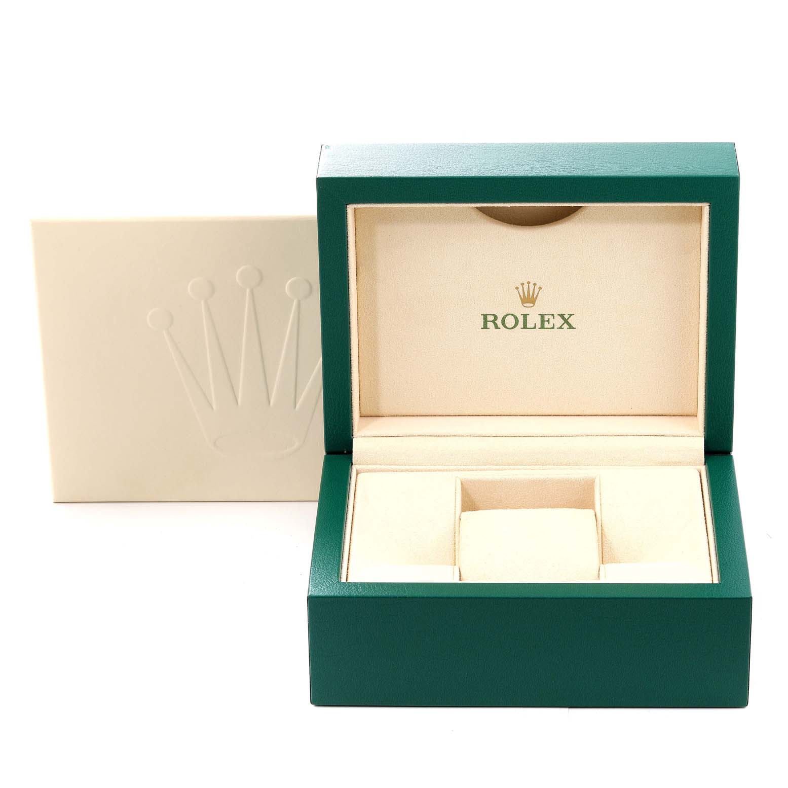 This image shows an open green Rolex Oyster Perpetual 114300 Men's Stainless Steel Burgundy Dial 114300 Men's Stainless Steel Burgundy Dial watch box with a beige interior, including a compartment for the watch.