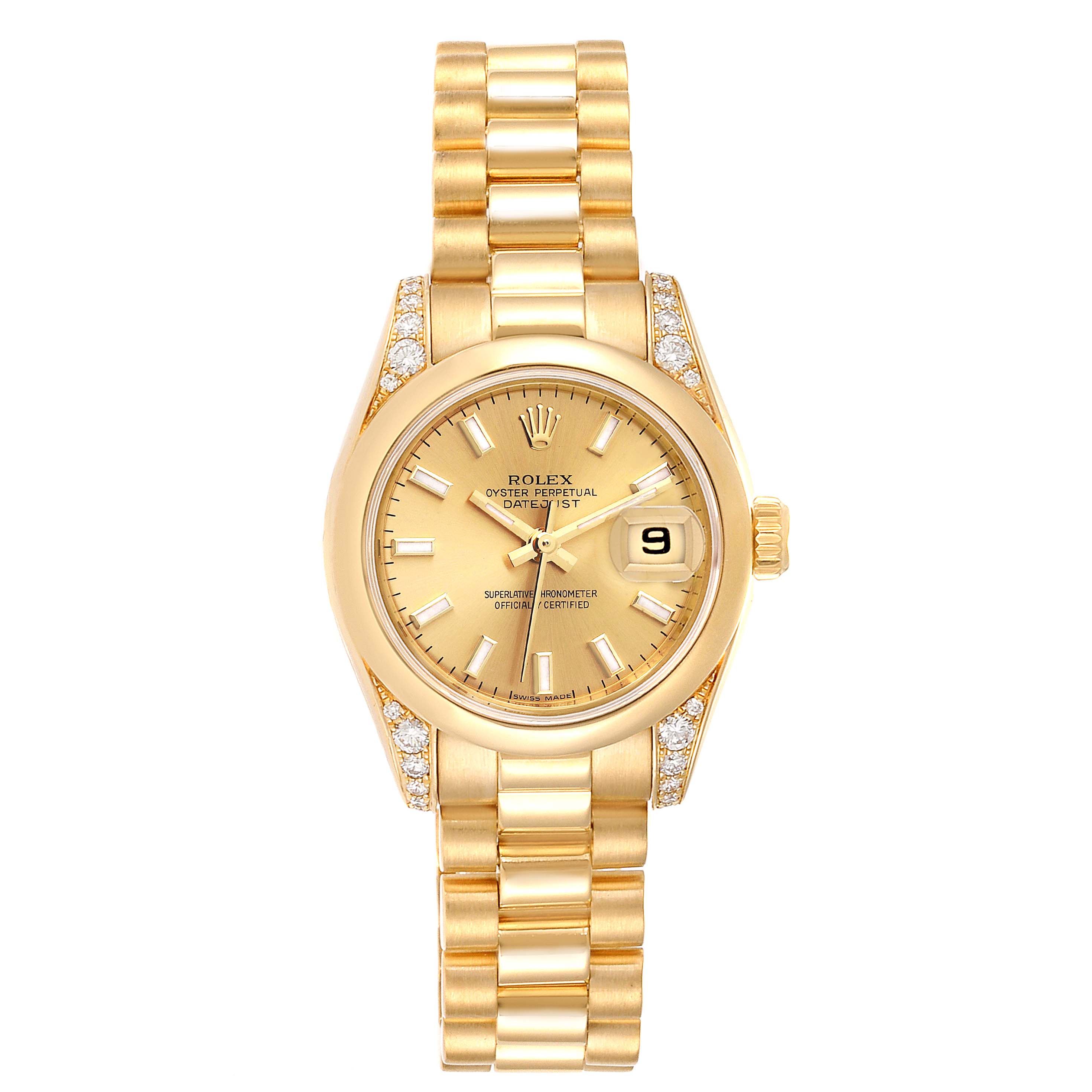 The image shows the front view of a Rolex President 179298 Women
s Yellow Gold Champagne Dial 179298 Women
s Yellow Gold Champagne Dial model watch, displaying its gold band, dial, and date window.
