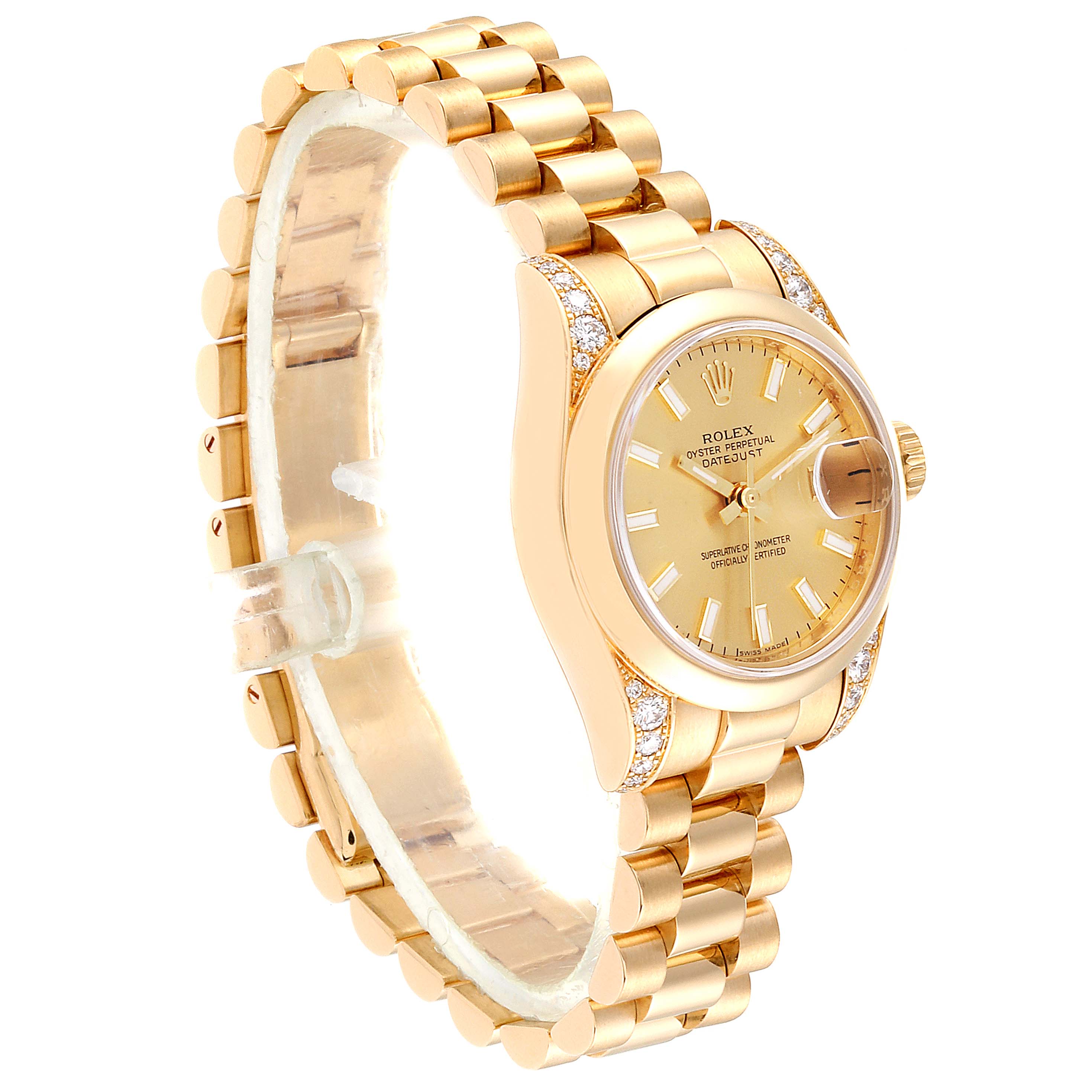 The Rolex President 179298 Women
s Yellow Gold Champagne Dial 179298 Women
s Yellow Gold Champagne Dial model is shown at an angle, displaying its gold bracelet, dial, and diamond-accented bezel.