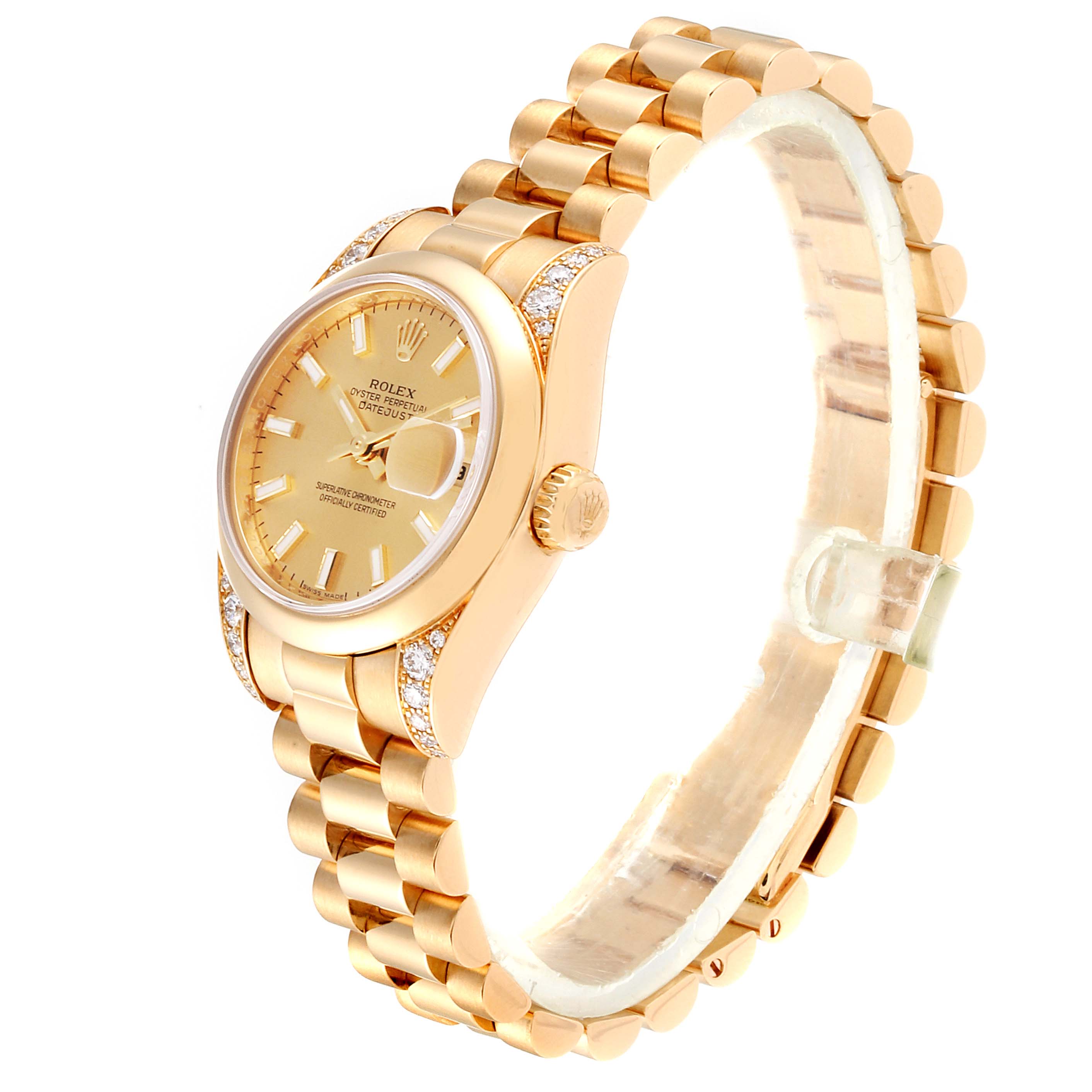 The image shows a side view of a Rolex President 179298 Women
s Yellow Gold Champagne Dial 179298 Women
s Yellow Gold Champagne Dial model watch, highlighting the gold band, dial, crown, and diamond-set lugs.