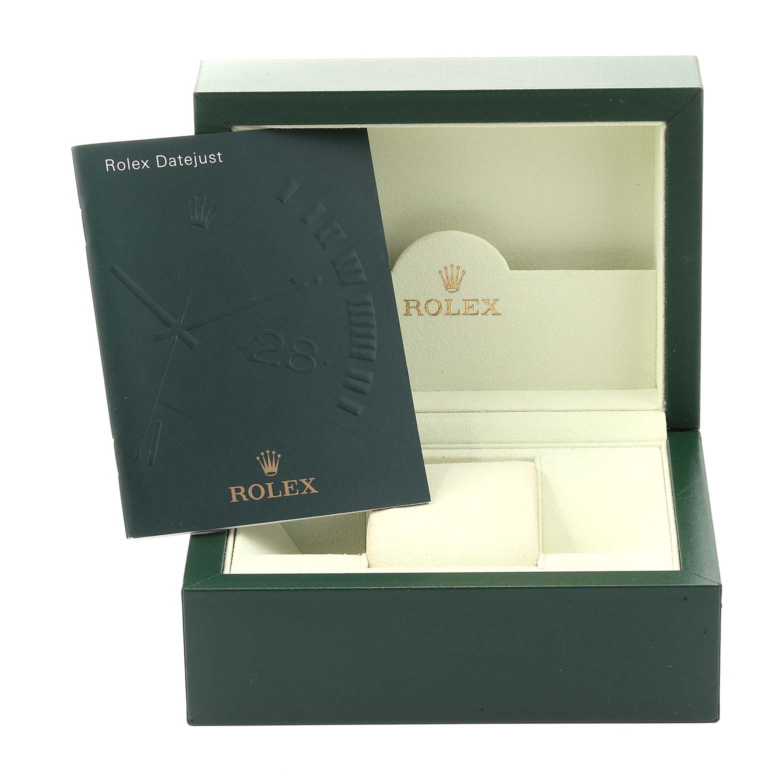 The image shows a Rolex President 179298 Women
s Yellow Gold Champagne Dial 179298 Women
s Yellow Gold Champagne Dial model watch box with a Rolex Datejust manual placed inside.