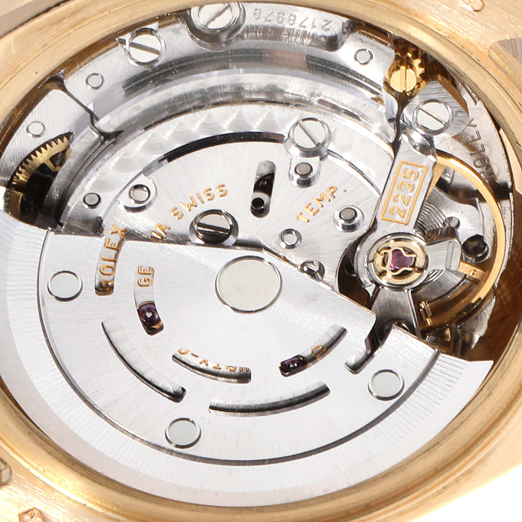 This image shows a close-up view of the movement inside a Rolex President 179298 Women
s Yellow Gold Champagne Dial 179298 Women
s Yellow Gold Champagne Dial watch.
