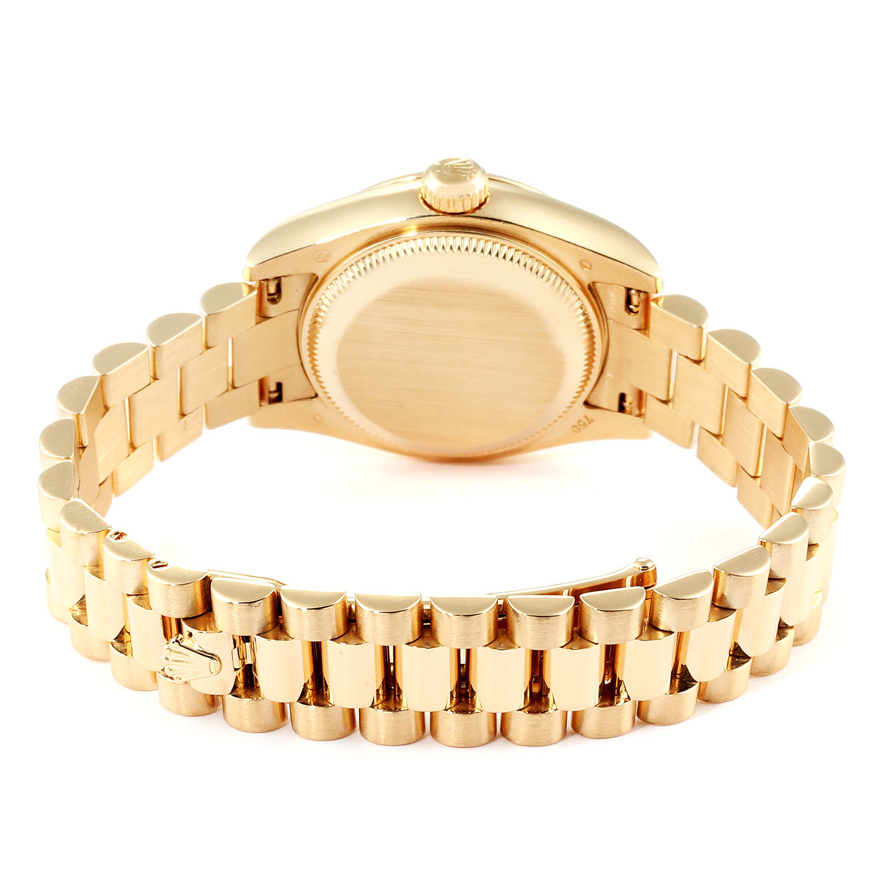 The image shows the back and bracelet of a Rolex President 179298 Women
s Yellow Gold Champagne Dial 179298 Women
s Yellow Gold Champagne Dial model watch from a rear angle.