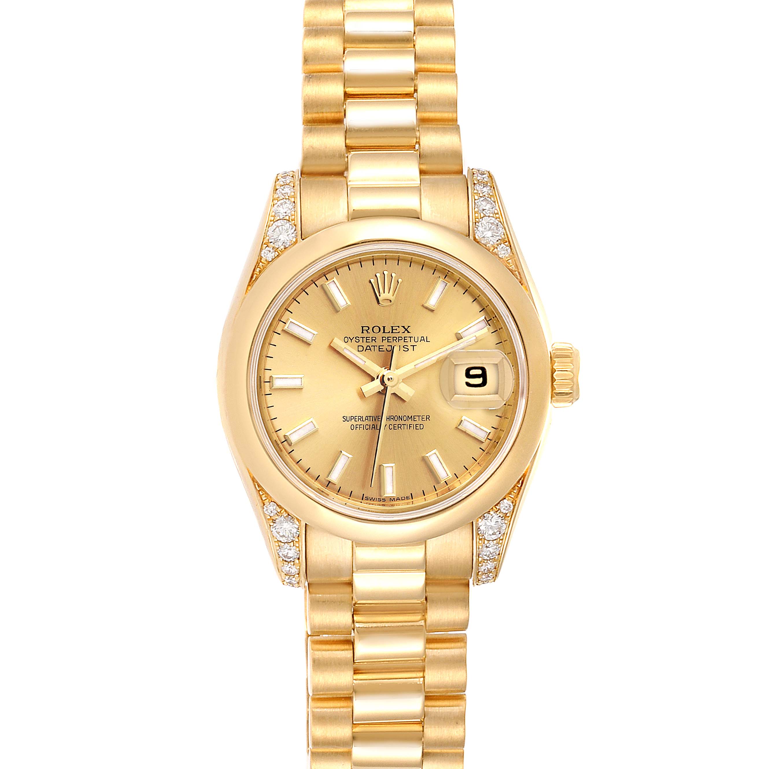 This image shows the face, bracelet, and crown of the Rolex President 179298 Women
s Yellow Gold Champagne Dial 179298 Women
s Yellow Gold Champagne Dial model watch from a straight-on angle.