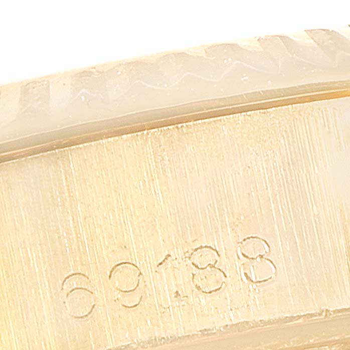 This image shows a close-up view of the model number engraving ("69188") on the gold case of a Rolex President 79188 Women
s Yellow Gold Mother of Pearl Dial 79188 Women
s Yellow Gold Mother of Pearl Dial watch.