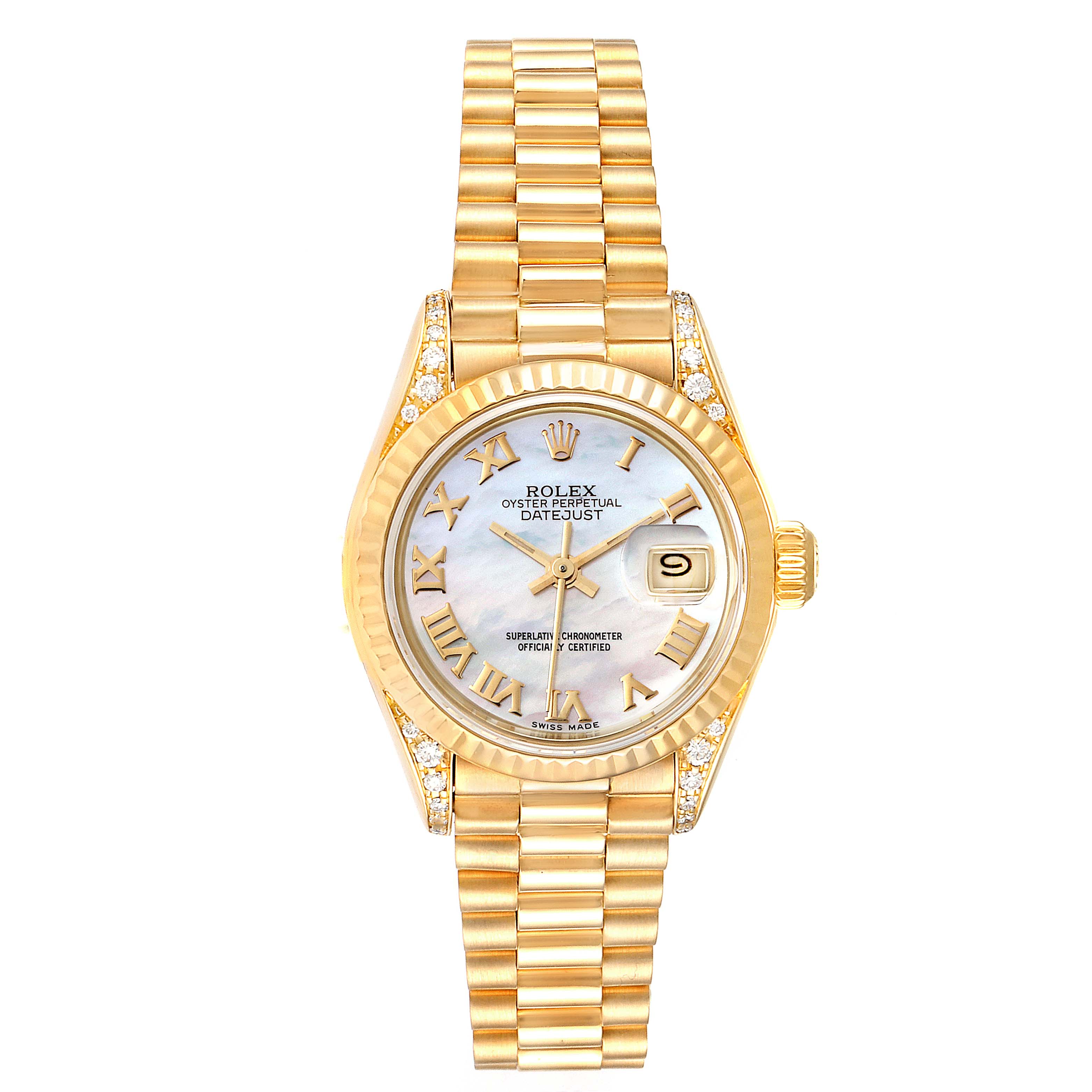 The image shows a front view of the Rolex President 79188 Women
s Yellow Gold Mother of Pearl Dial 79188 Women
s Yellow Gold Mother of Pearl Dial model watch, displaying its gold link bracelet, dial, and date window.