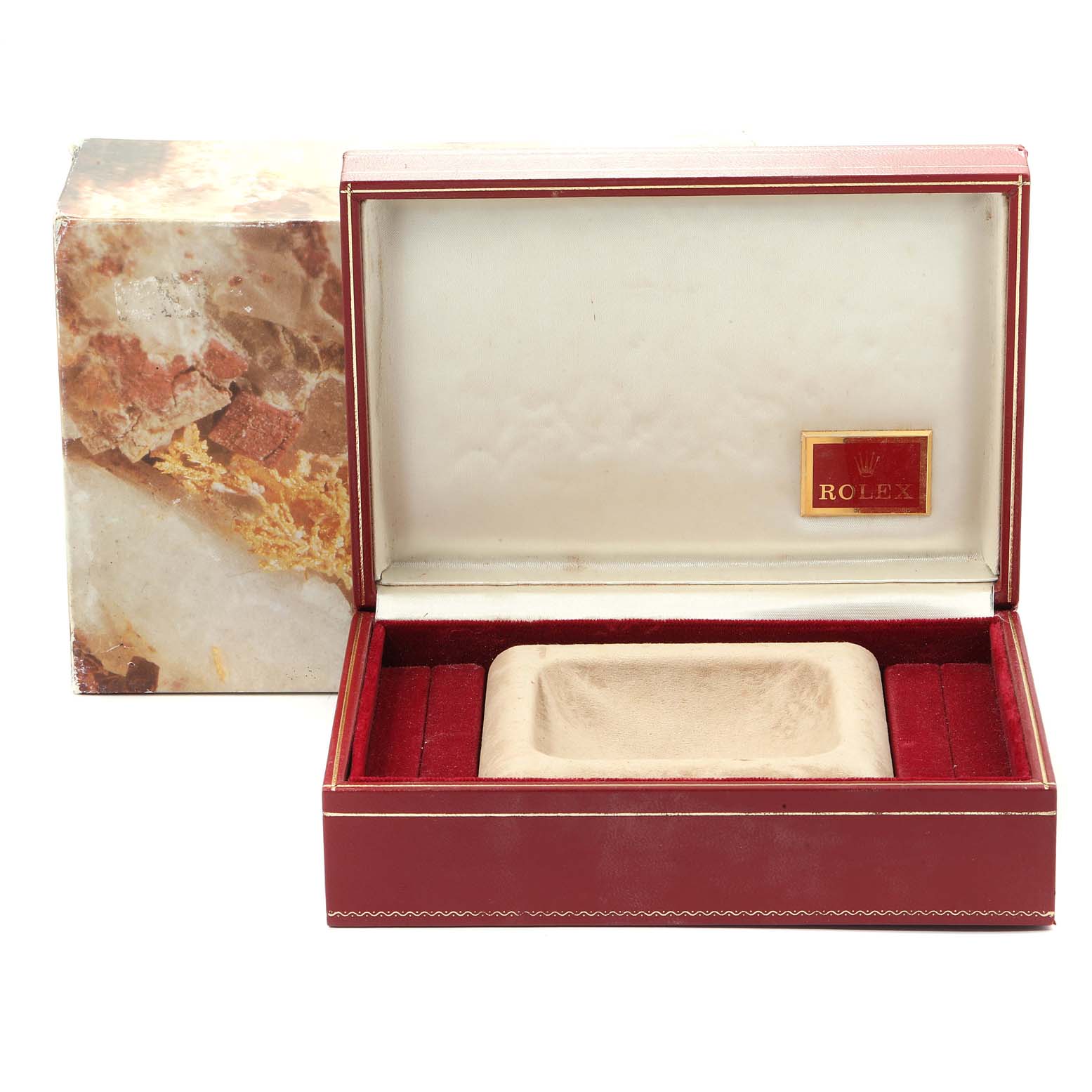 The image shows an open luxury watch box for the Rolex President 79188 Women
s Yellow Gold Mother of Pearl Dial 79188 Women
s Yellow Gold Mother of Pearl Dial model from a front angle.