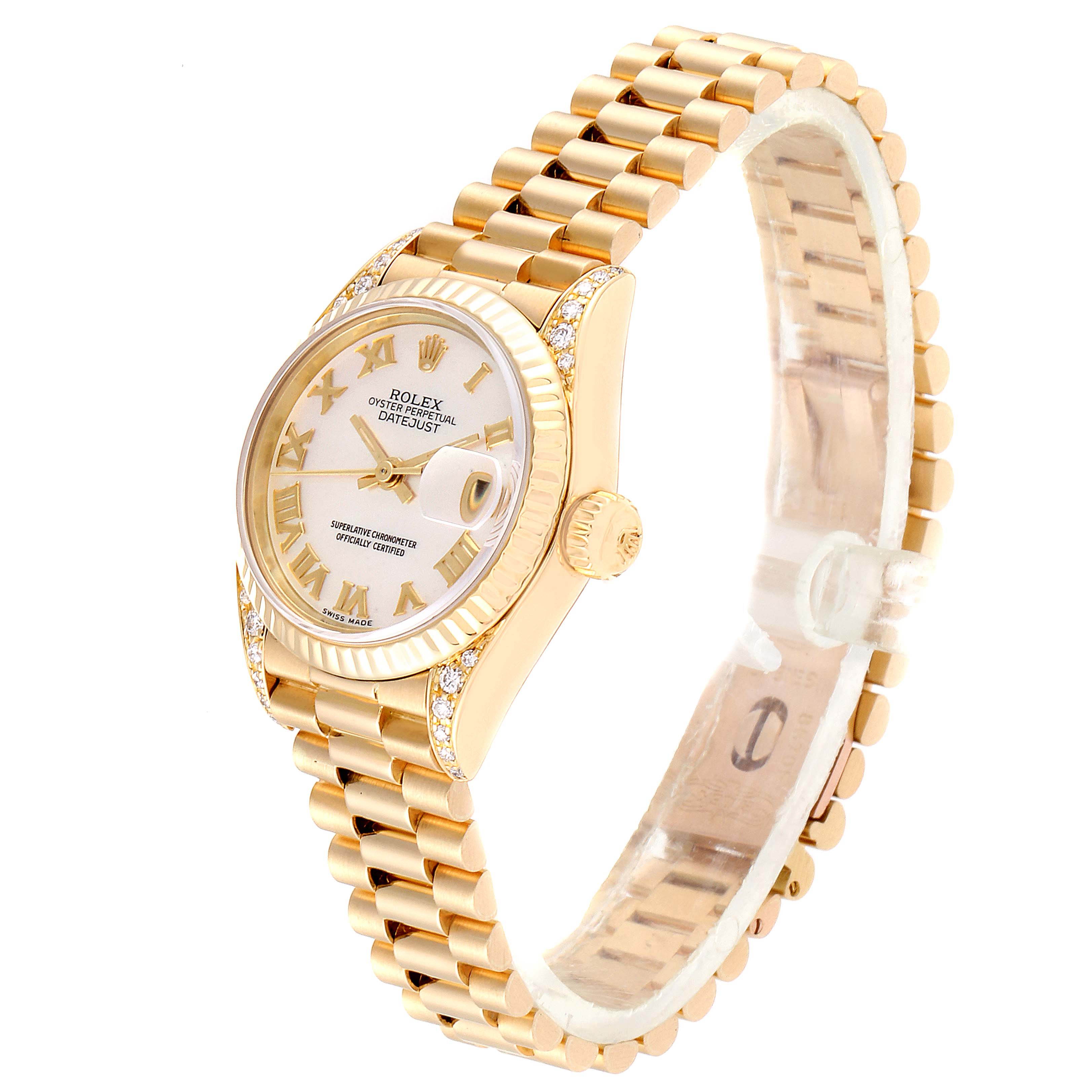 This image shows a Rolex President 79188 Women
s Yellow Gold Mother of Pearl Dial 79188 Women
s Yellow Gold Mother of Pearl Dial model watch, featuring the face, bezel, crown, and bracelet from a side angle.