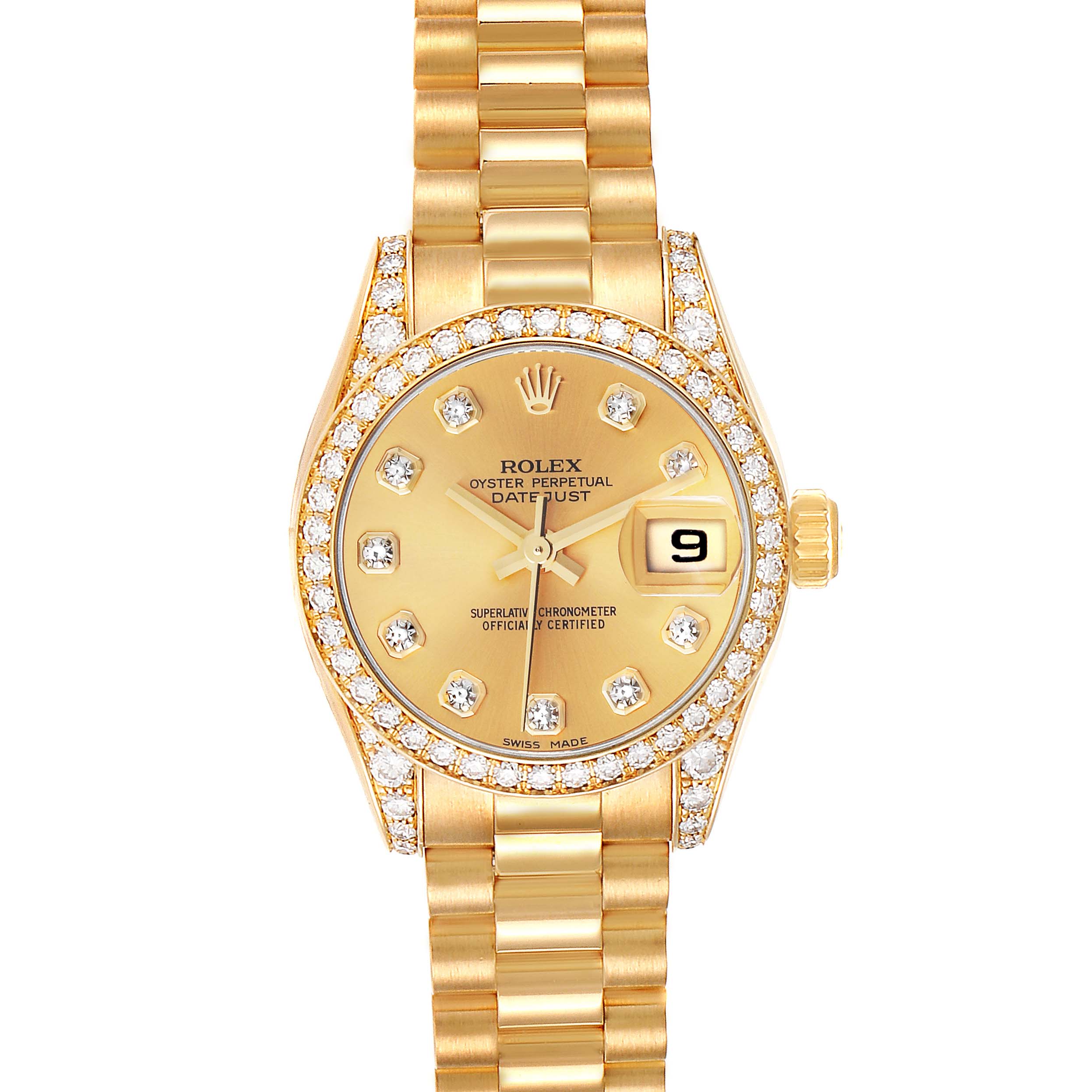 This image shows a frontal view of the Rolex President 179158 Women
s Yellow Gold Champagne Dial 179158 Women
s Yellow Gold Champagne Dial model watch, featuring a gold and diamond-encrusted dial and bracelet.