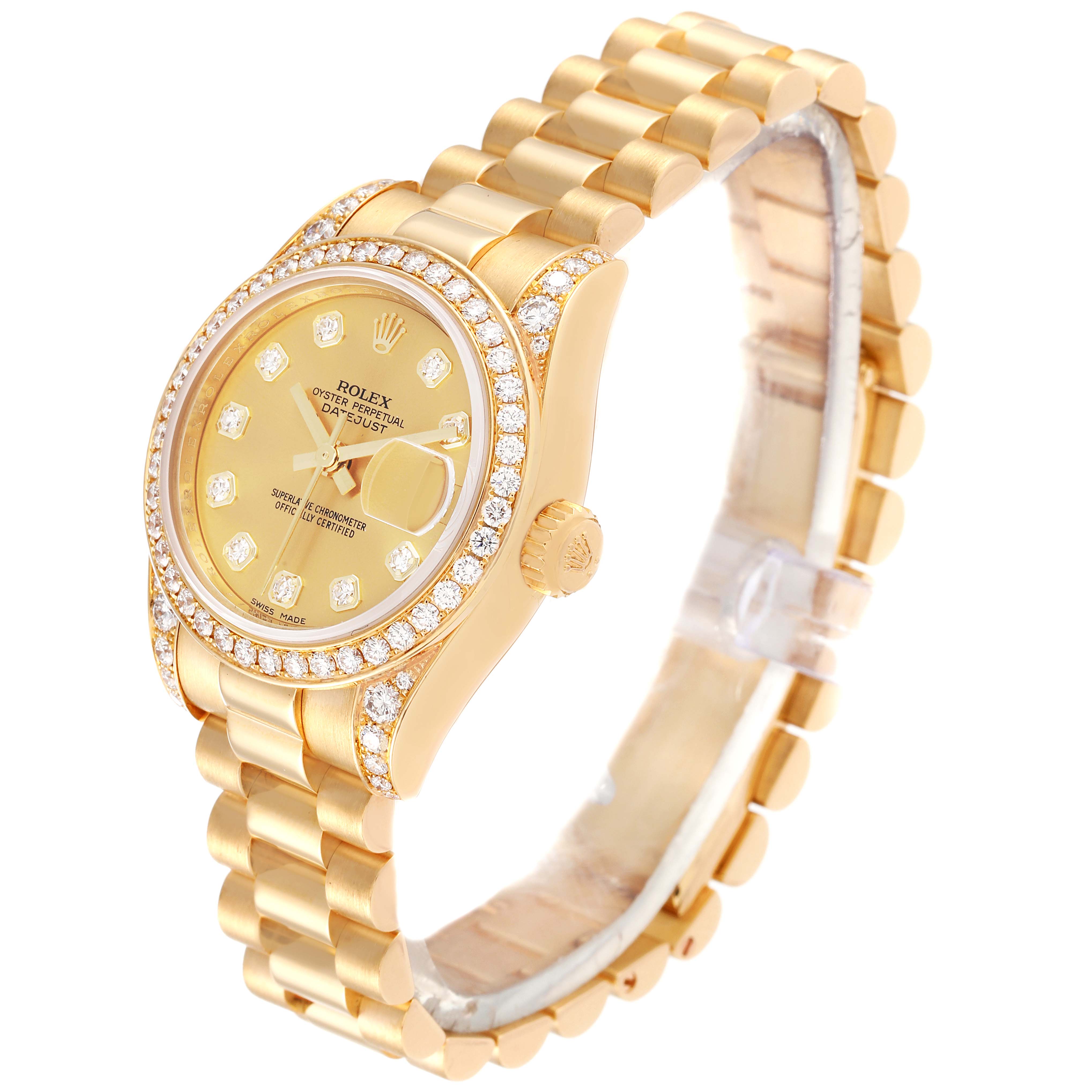 This image shows a gold Rolex President 179158 Women
s Yellow Gold Champagne Dial 179158 Women
s Yellow Gold Champagne Dial model watch from a three-quarter angle, highlighting the dial, bezel, and bracelet.