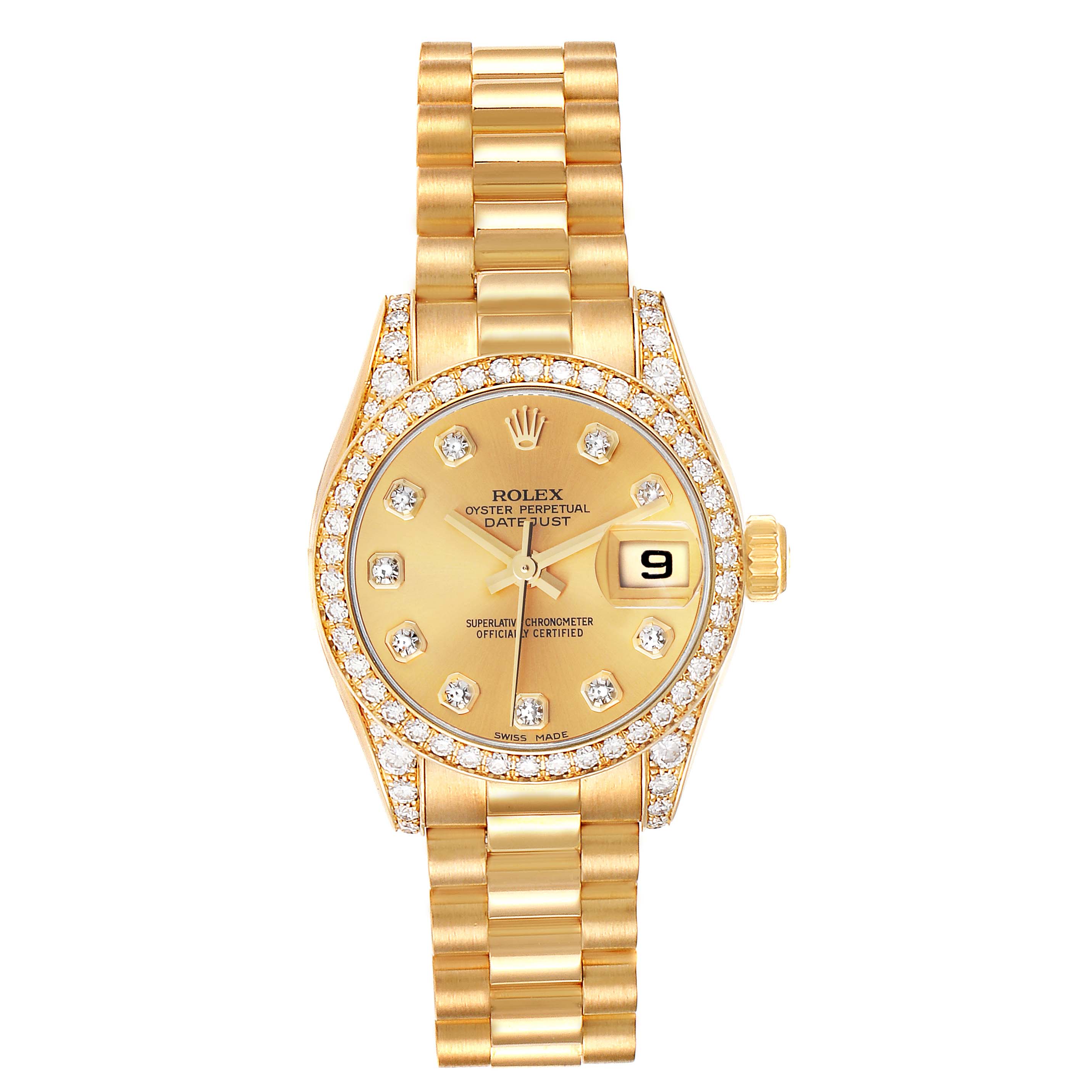 The image shows a Rolex President 179158 Women
s Yellow Gold Champagne Dial 179158 Women
s Yellow Gold Champagne Dial model watch from a top-down angle, highlighting its gold band, diamond-studded bezel, and dial.
