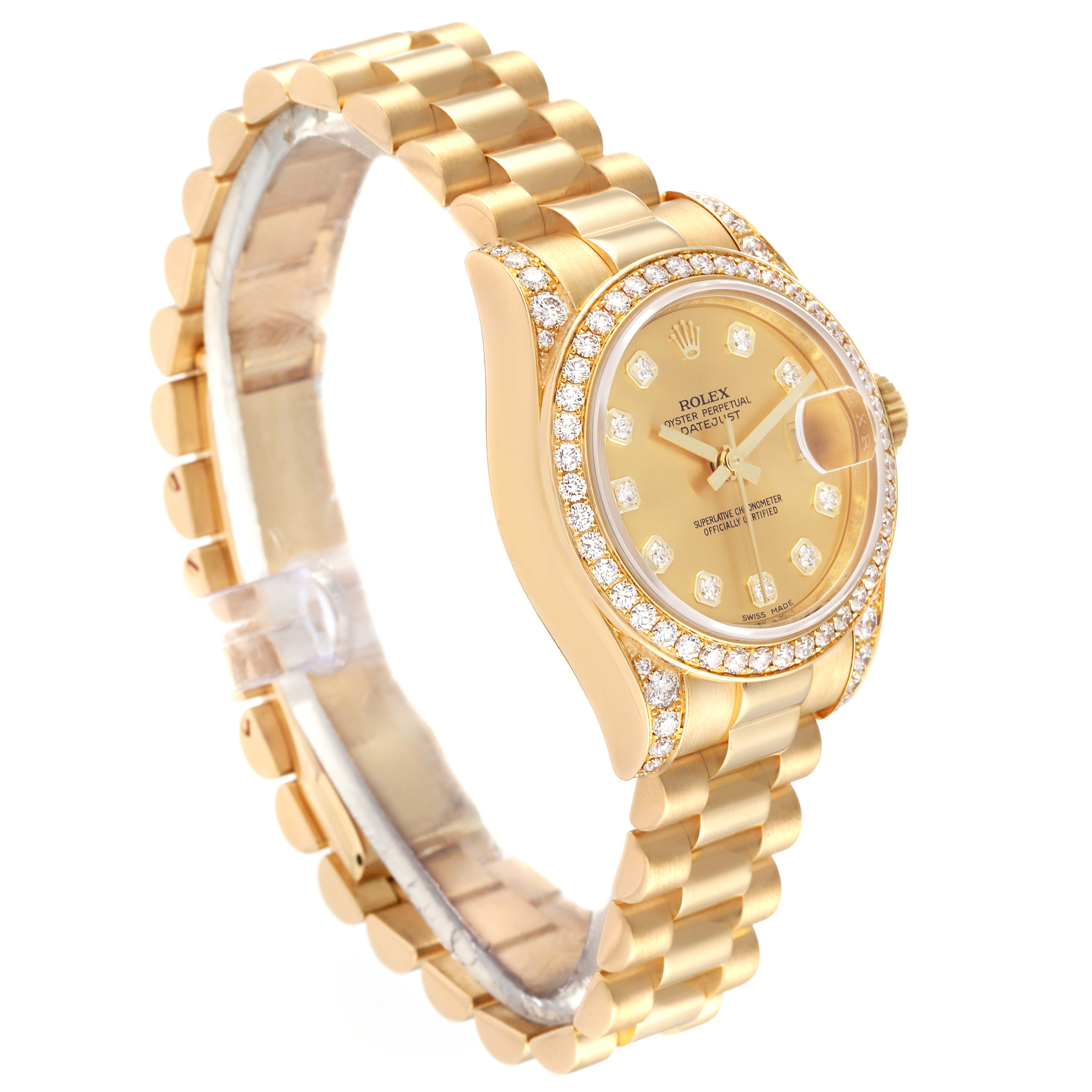 The image shows a Rolex President 179158 Women
s Yellow Gold Champagne Dial 179158 Women
s Yellow Gold Champagne Dial model watch from an angle highlighting the face, bezel, crown, and part of the bracelet.