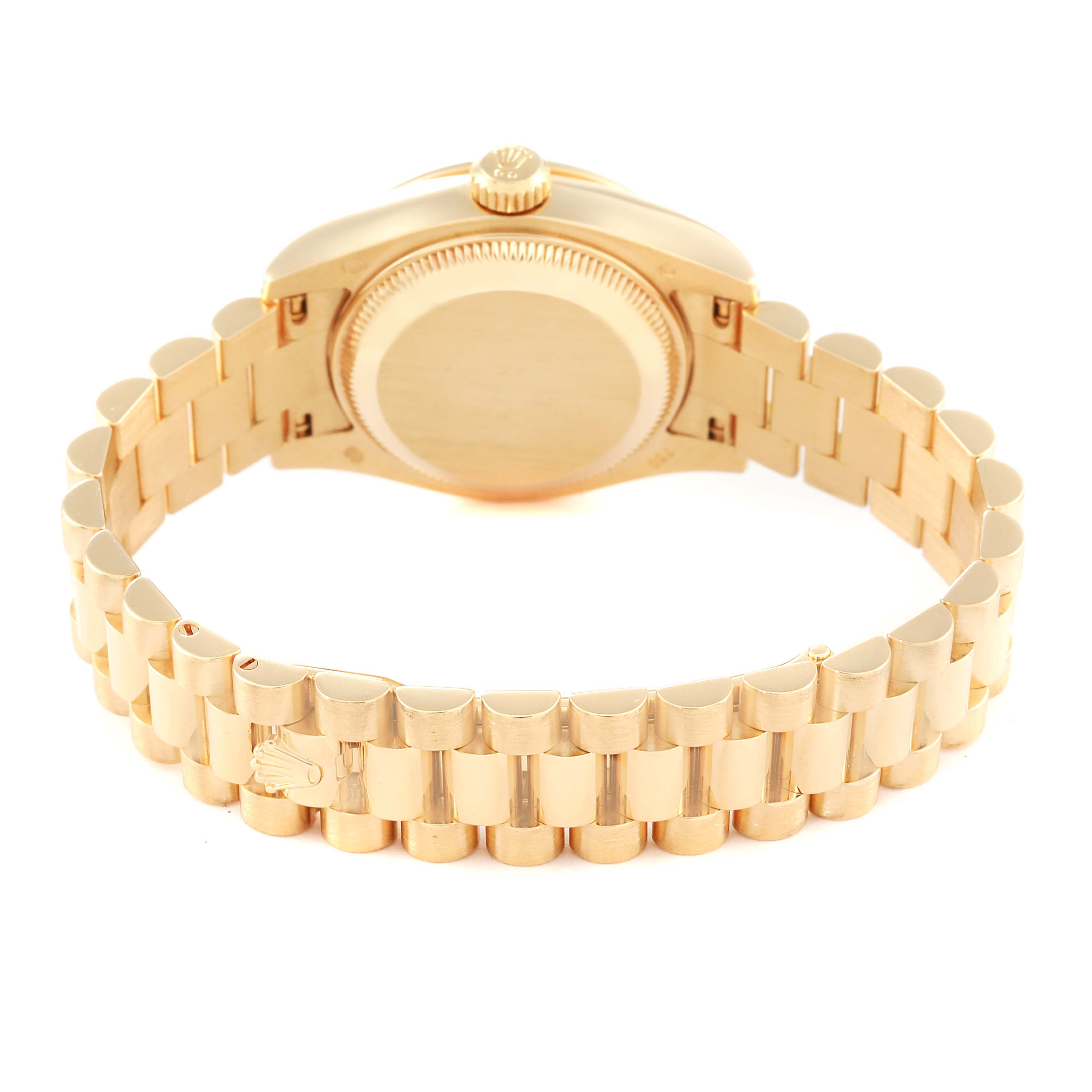 The image shows the back and bracelet of a Rolex President 179158 Women
s Yellow Gold Champagne Dial 179158 Women
s Yellow Gold Champagne Dial model watch in a rear angle.