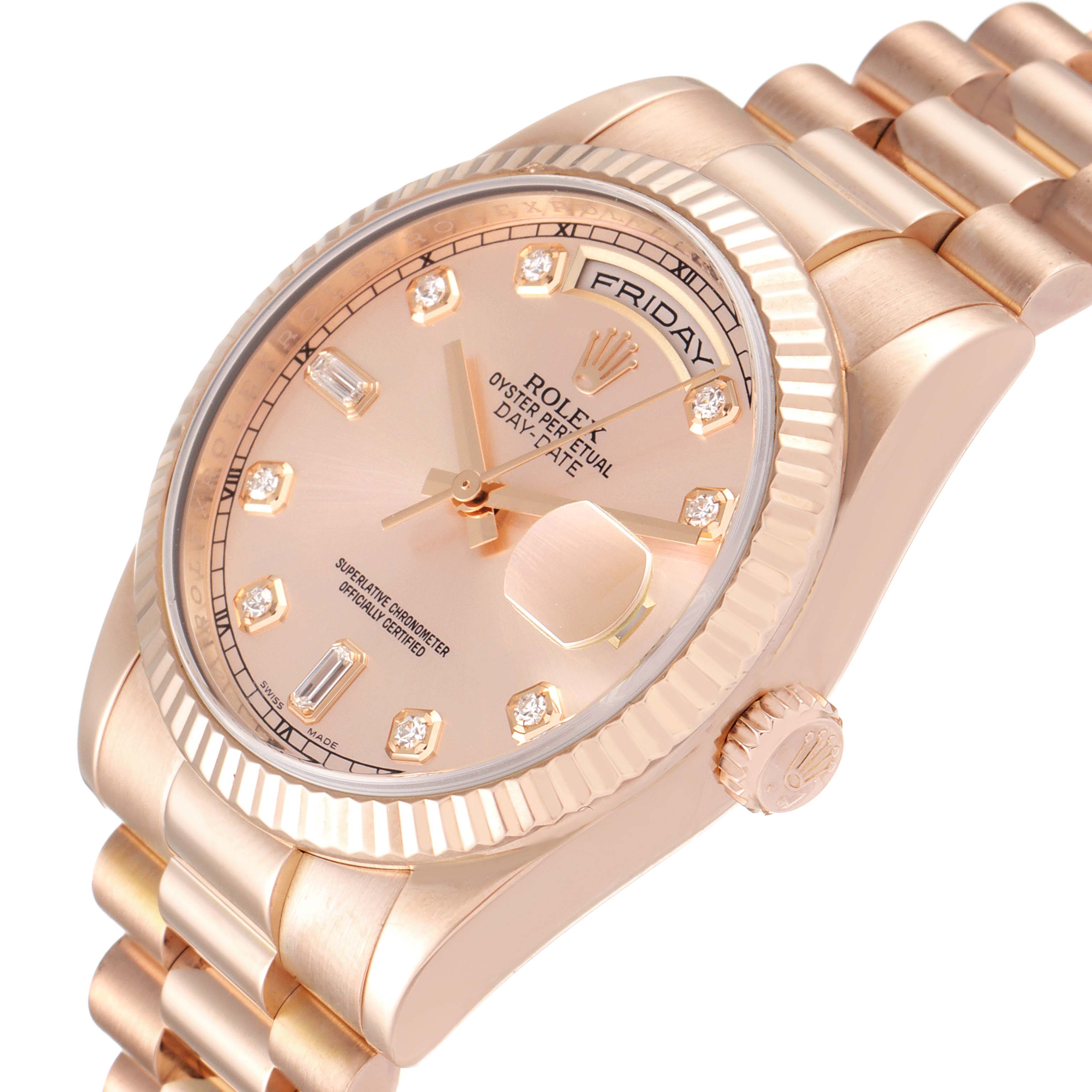 The image shows the face, bezel, bracelet, and crown of a Rolex President 118235 Men's Rose Gold Pink Dial 118235 Men's Rose Gold Pink Dial model watch at a tilted angle.