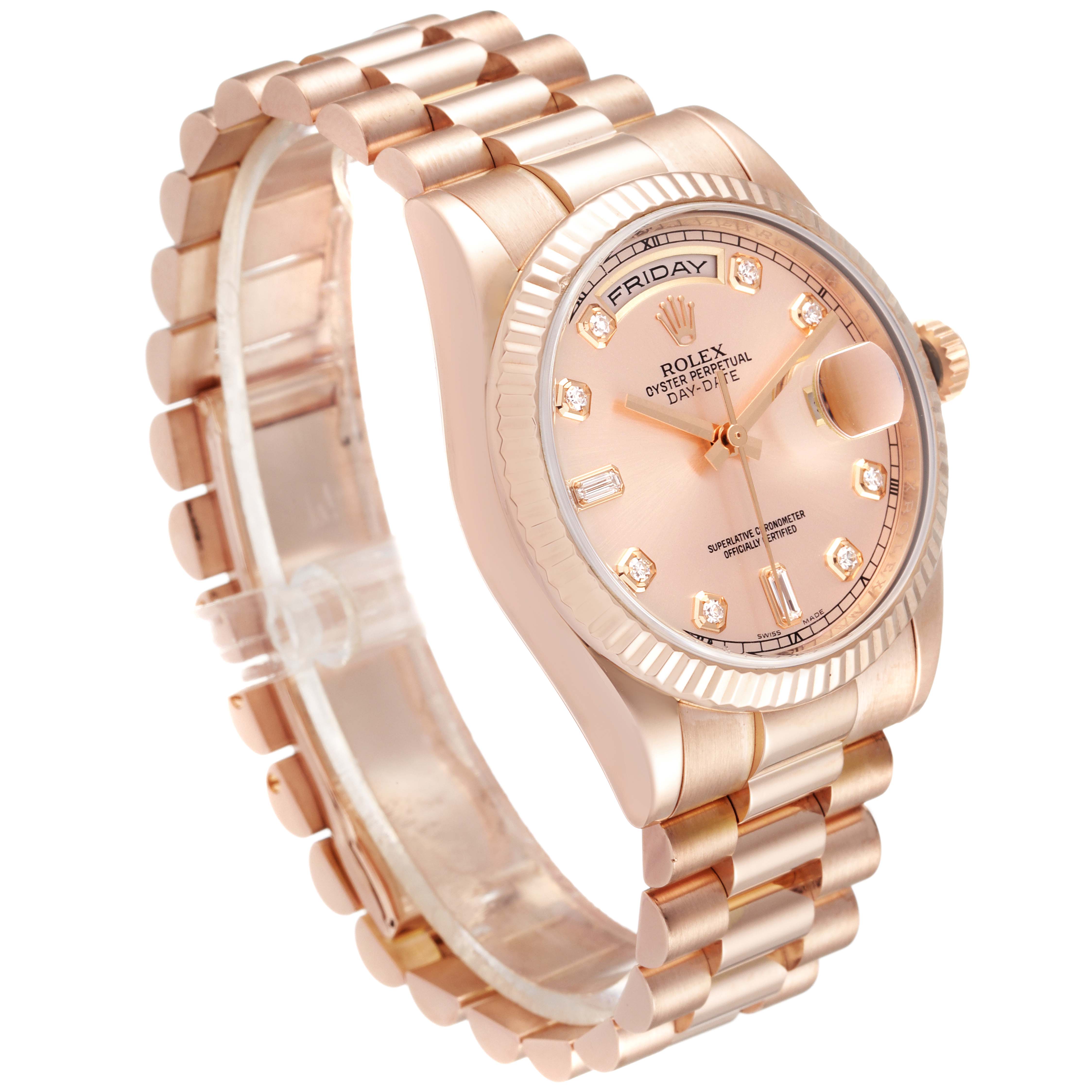 The image shows a Rolex President 118235 Men's Rose Gold Pink Dial 118235 Men's Rose Gold Pink Dial model watch angled from top left, highlighting the dial, bracelet, and case.