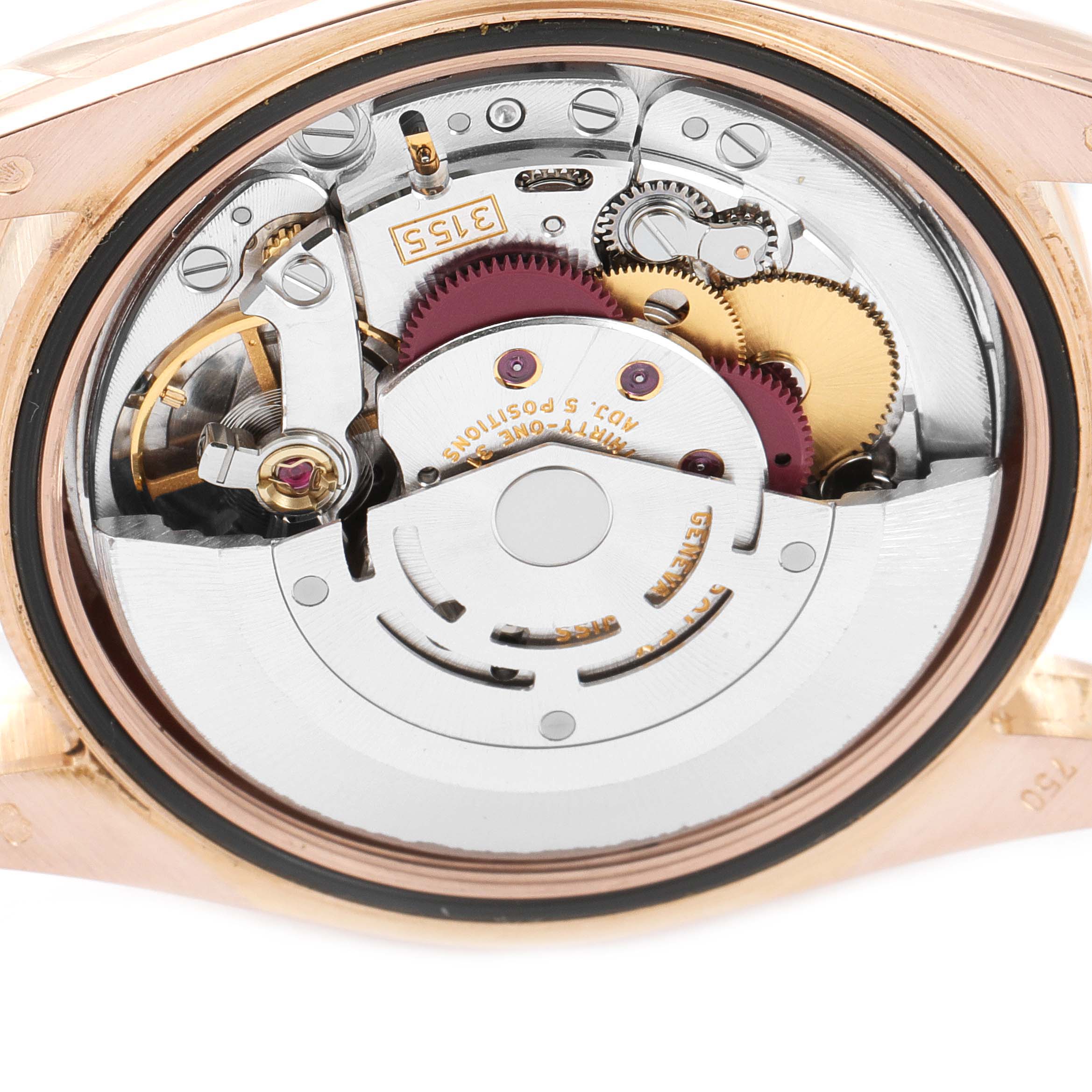 This image shows the case back of the Rolex President 118235 Men's Rose Gold Pink Dial 118235 Men's Rose Gold Pink Dial model watch, highlighting its intricate movement and internal components.