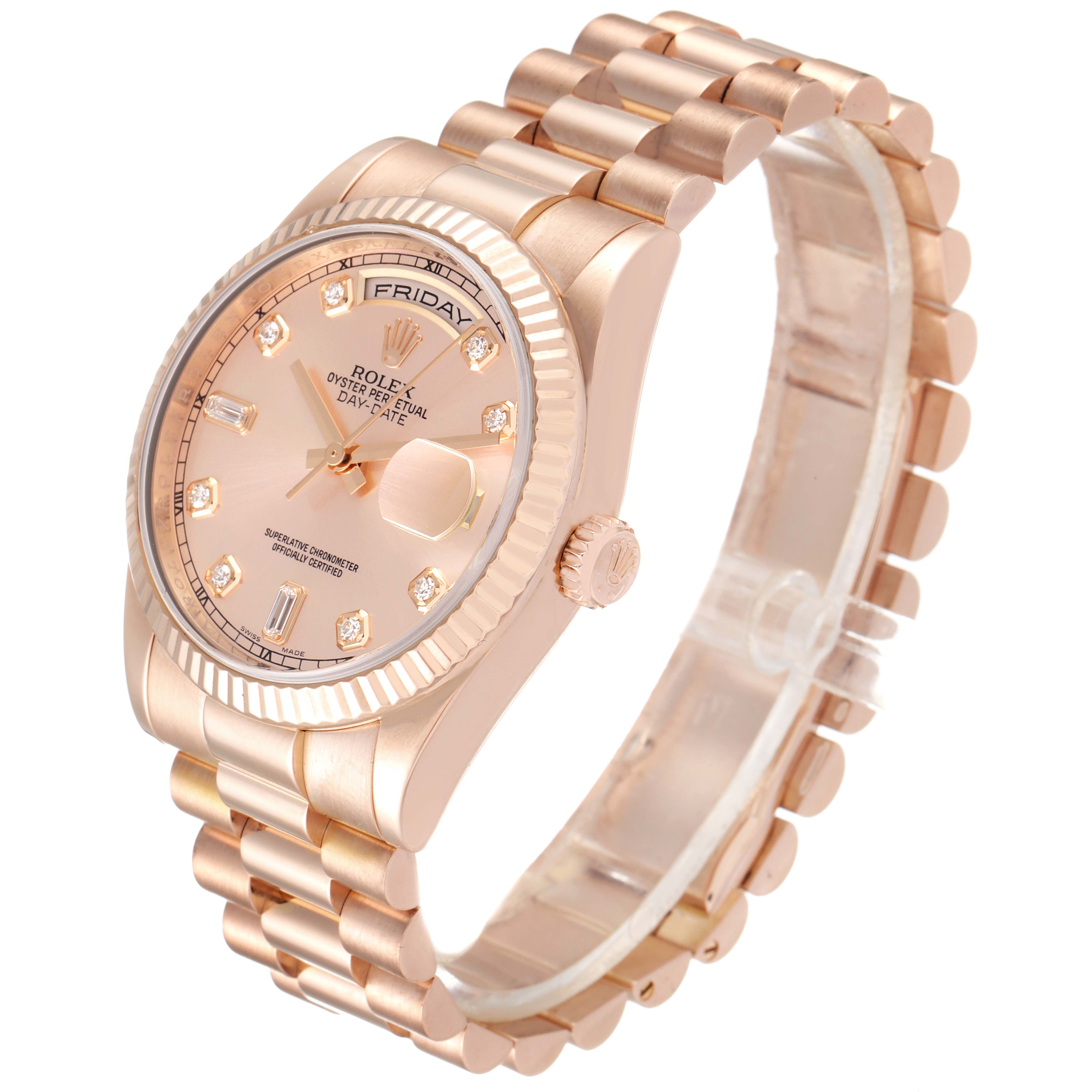 The image shows a Rolex President 118235 Men's Rose Gold Pink Dial 118235 Men's Rose Gold Pink Dial model watch angled to display its face, strap, and winder.