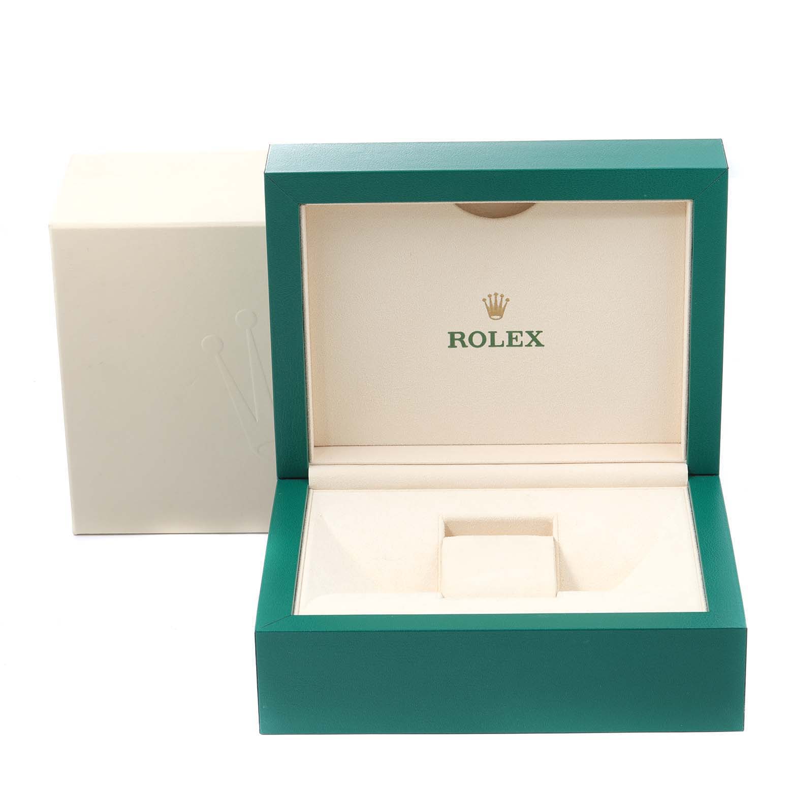 The image shows an open box for the Rolex President 118235 Men's Rose Gold Pink Dial 118235 Men's Rose Gold Pink Dial model watch, highlighting the interior with the Rolex logo.