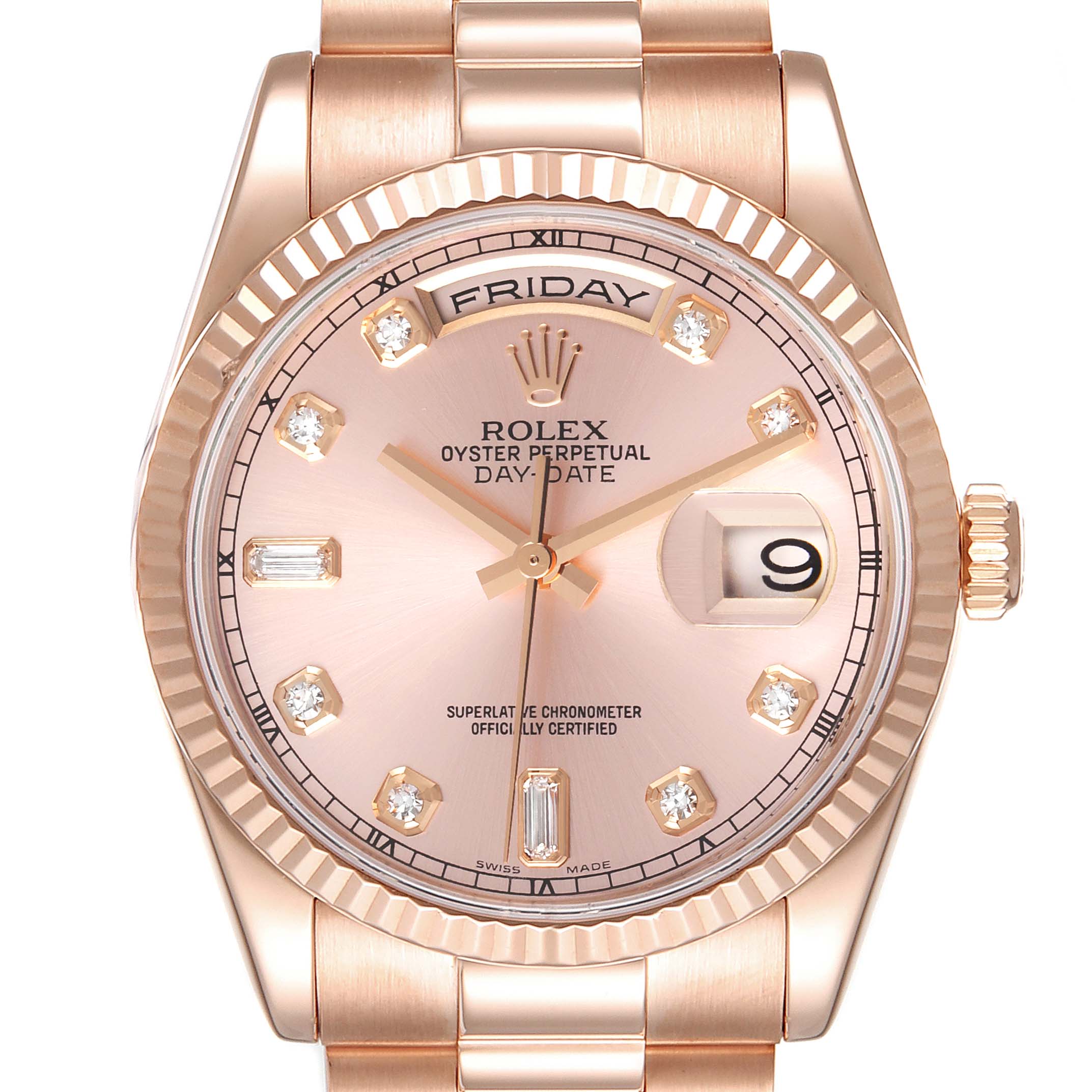 The image shows a close-up, front-facing angle of the Rolex President 118235 Men's Rose Gold Pink Dial 118235 Men's Rose Gold Pink Dial model watch, displaying the dial, bezel, and bracelet.