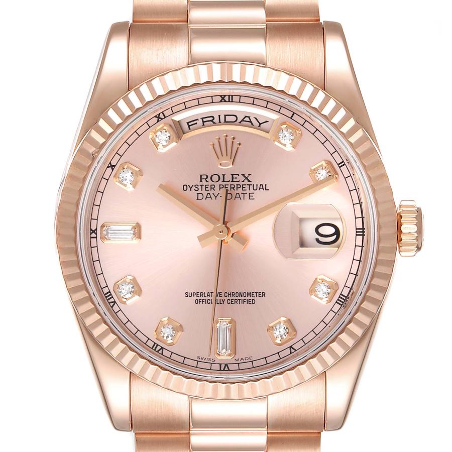 Rolex President Day Date 36 Everose Gold Diamond Mens Watch 118235 SwissWatchExpo
