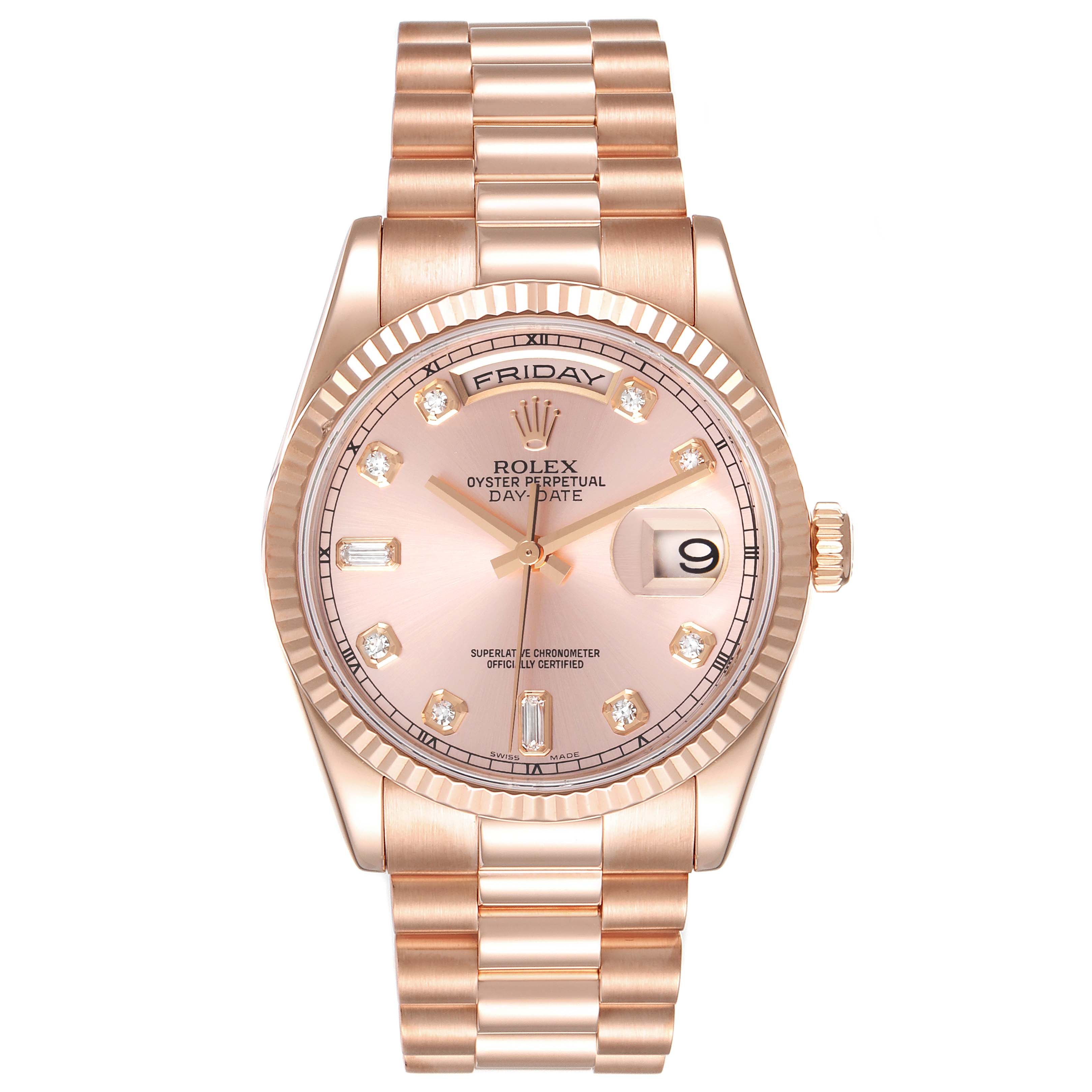 This Rolex President 118235 Men's Rose Gold Pink Dial 118235 Men's Rose Gold Pink Dial model watch is shown from a front angle, displaying the dial, hands, bezel, crown, and bracelet.