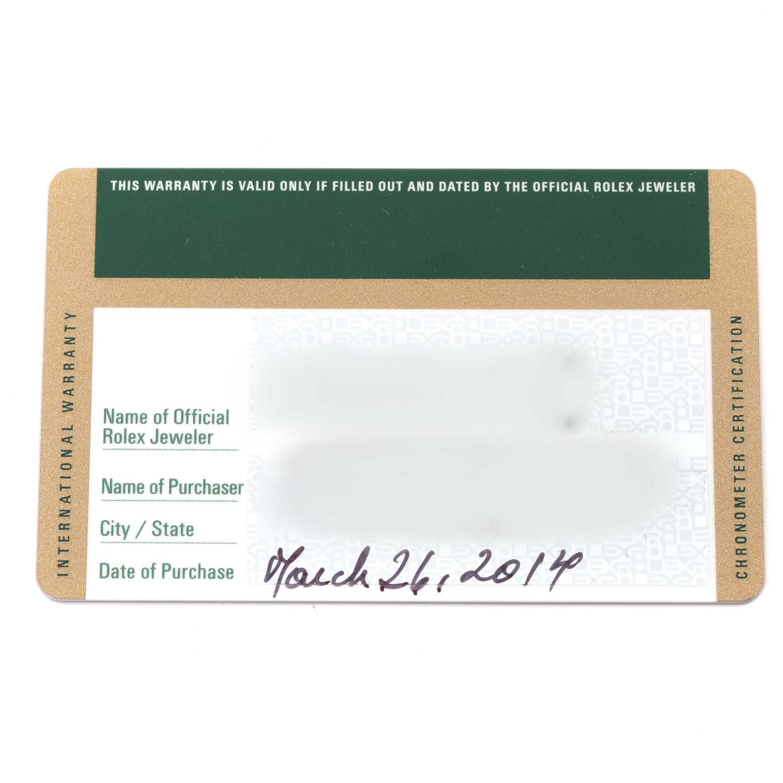This image shows the warranty card for the Rolex President 218206 Men's Platinum Black Dial 218206 Men's Platinum Black Dial model, outlining the purchase details and certification.