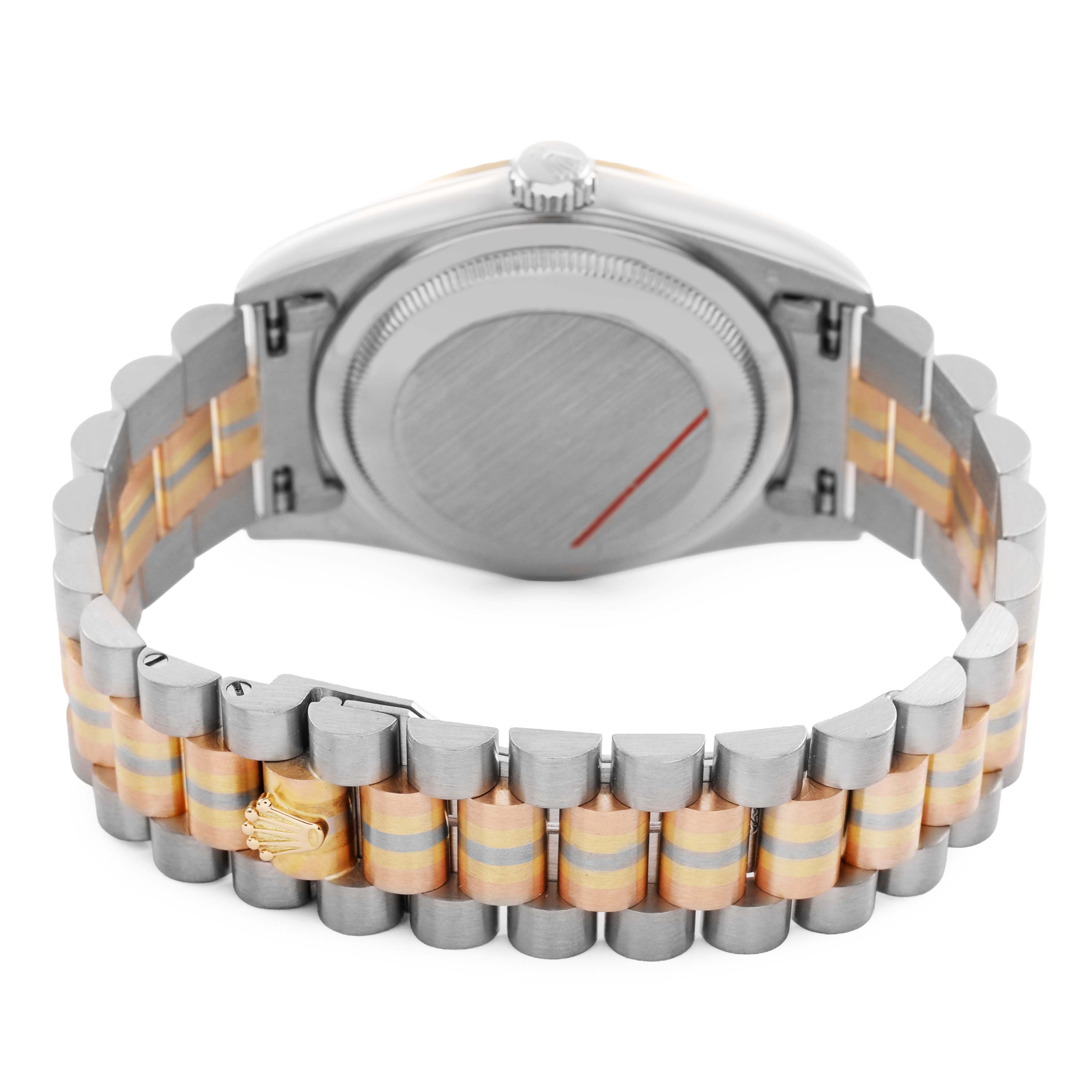 The Rolex President 18239 Men's White Gold Silver Dial model watch is shown from the back, highlighting the case back and two-tone bracelet in a semi-open position.