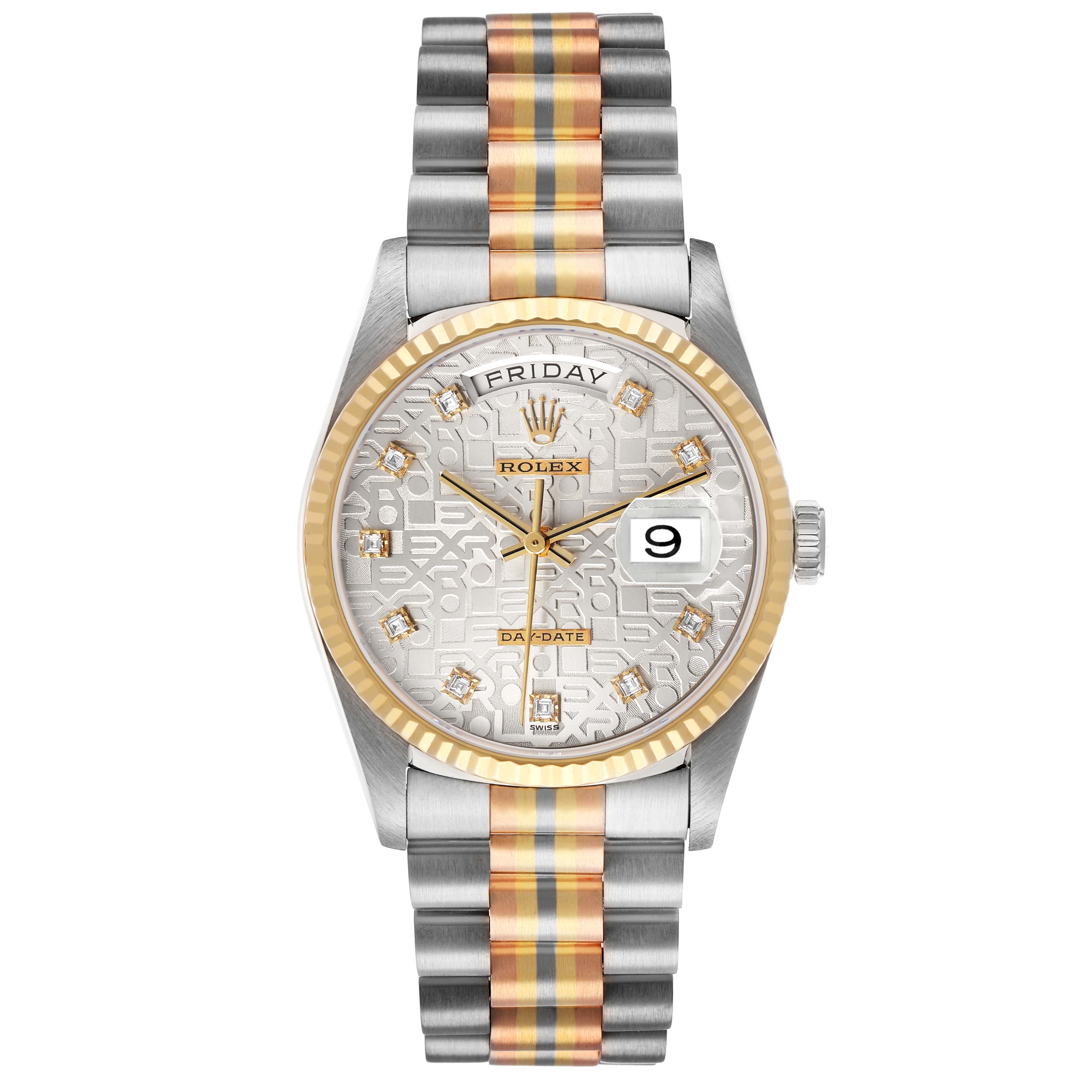The Rolex President 18239 Men's White Gold Silver Dial watch is shown from the front, highlighting its face, bezel, and bracelet.