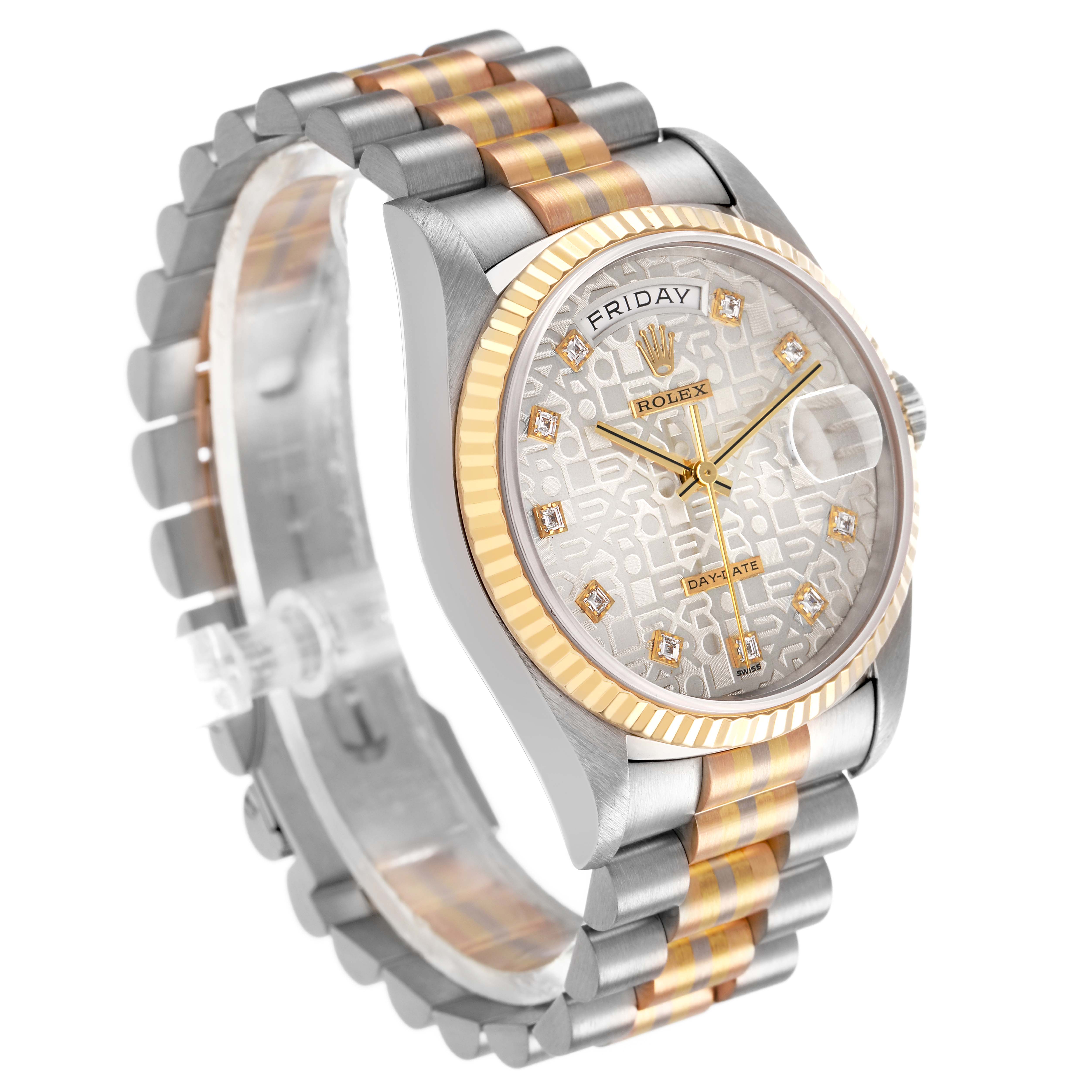 The Rolex President 18239 Men's White Gold Silver Dial watch is shown in a three-quarter angle, highlighting the dial, bezel, and bracelet.