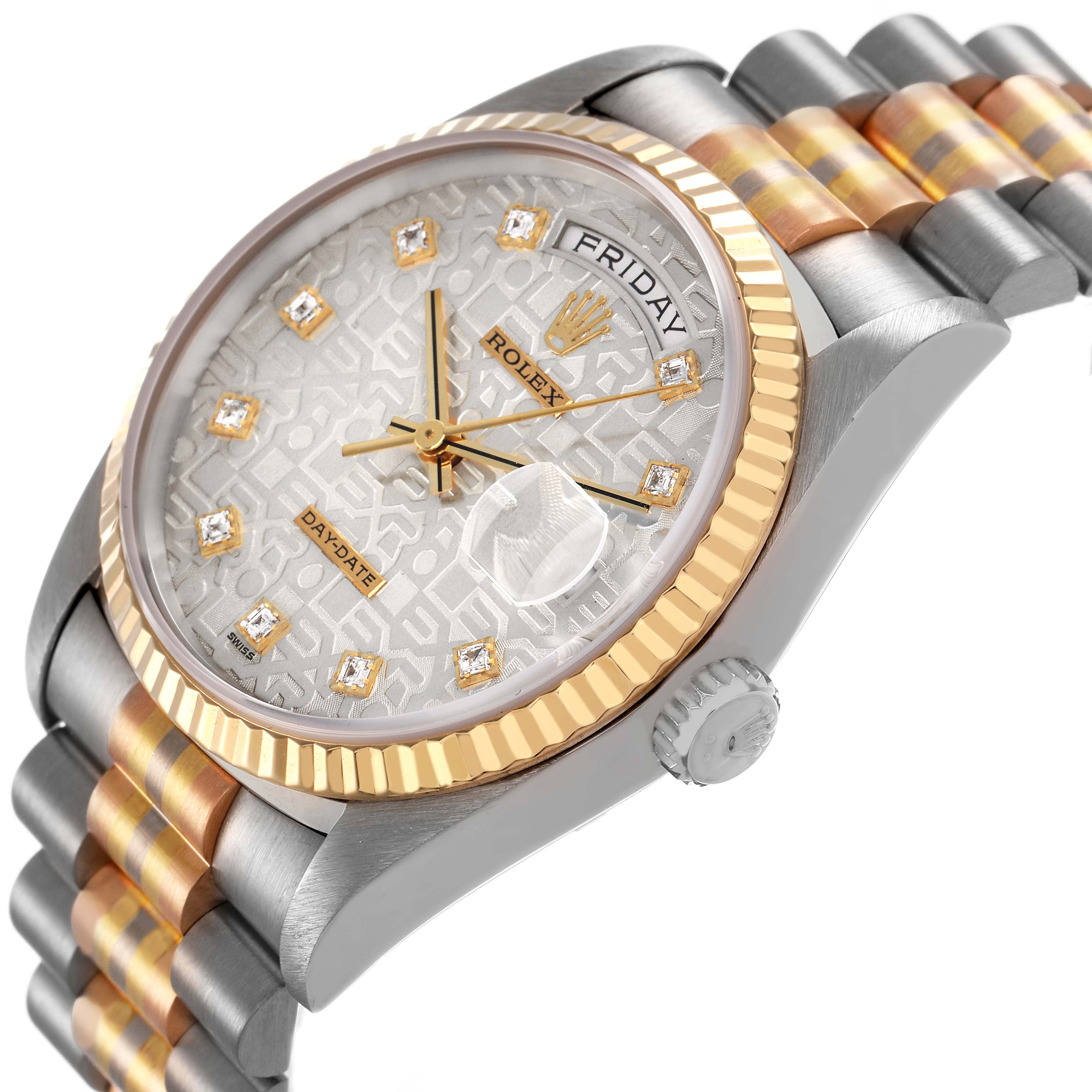 The Rolex President 18239 Men's White Gold Silver Dial model watch is shown at a slight angle, highlighting its gold and silver bracelet, fluted bezel, and diamond markers.