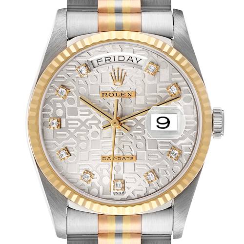 The Rolex President 18239 Men's White Gold Silver Dial watch is shown from the front, displaying the face, bezel, crown, and part of the bracelet.