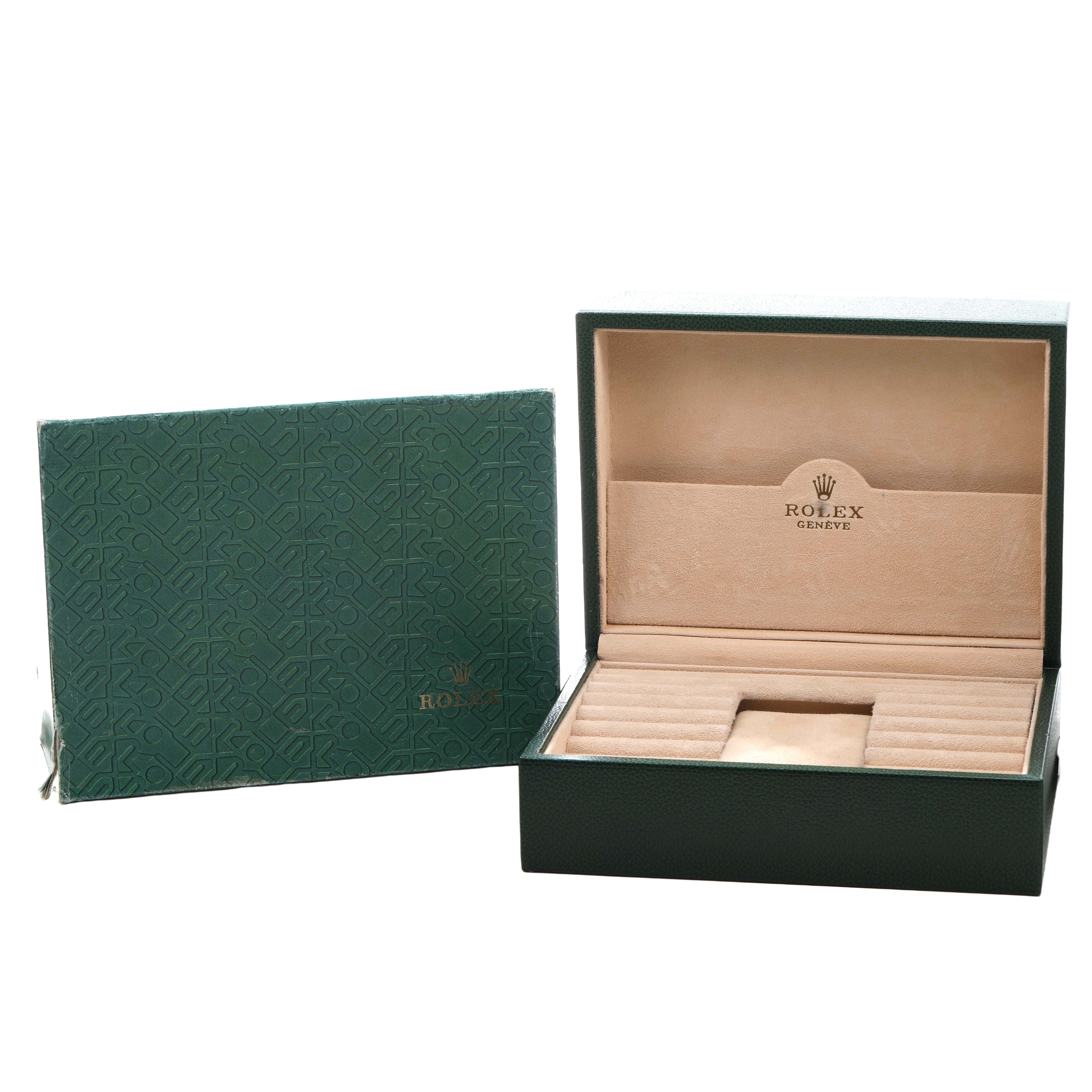 The image shows a Rolex President 18239 Men's White Gold Silver Dial model watch box and outer packaging at a frontal angle.