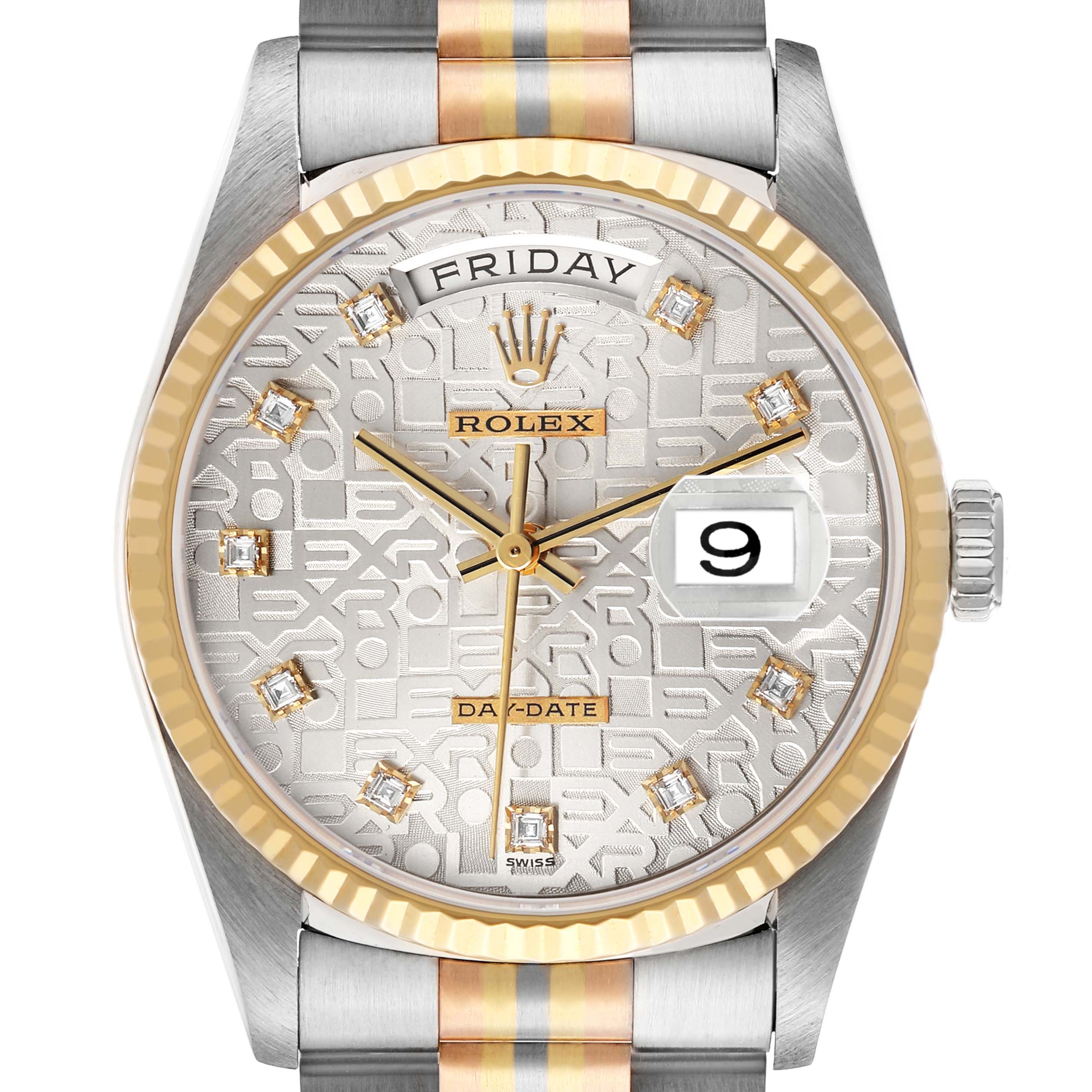 The Rolex President 18239 Men's White Gold Silver Dial model is shown from the front, displaying its dial, bezel, bracelet, and day-date feature.