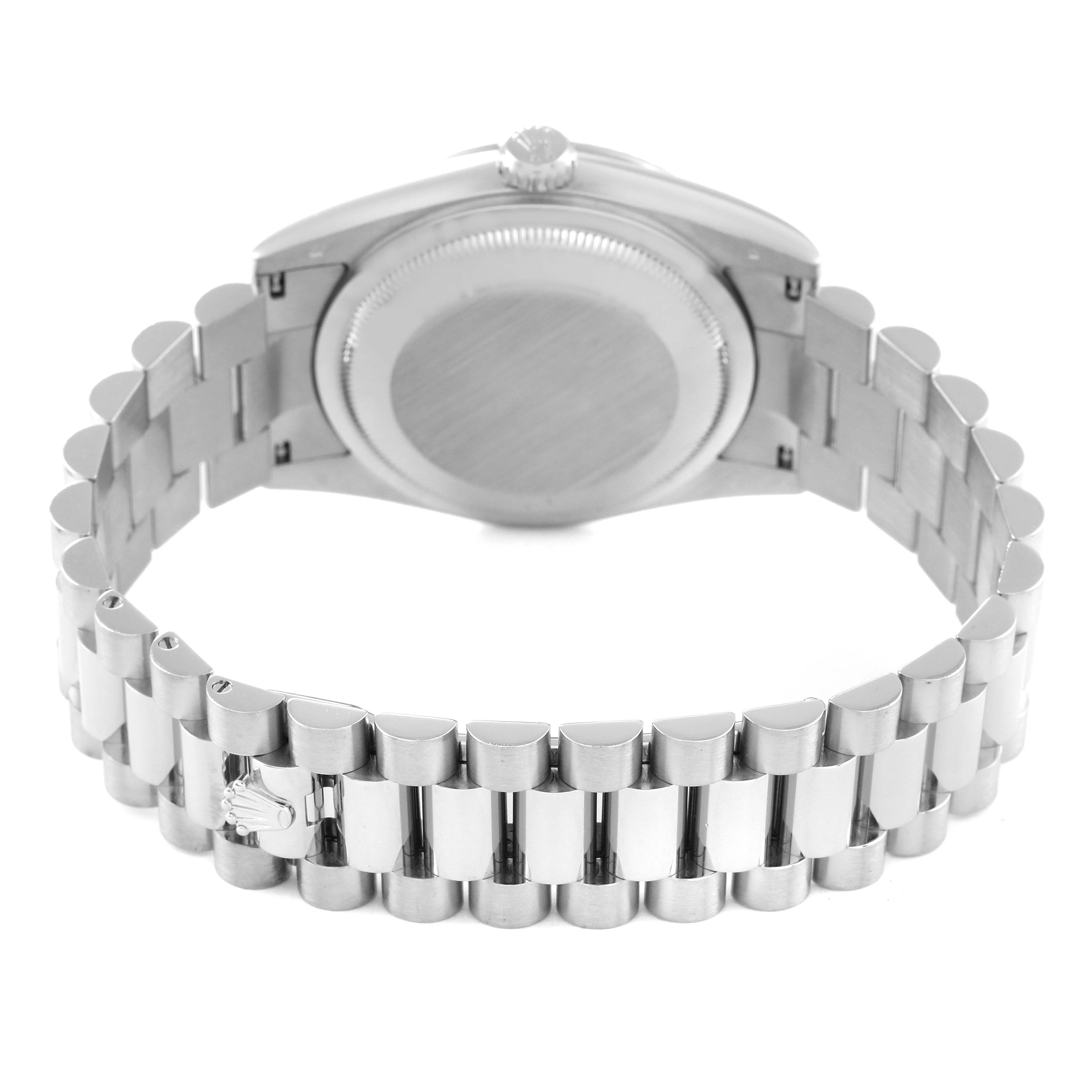 The image displays the back view of a Rolex President 118239 Men's White Gold Silver Dial 118239 Men's White Gold Silver Dial model watch, showing the case back and bracelet in detail.