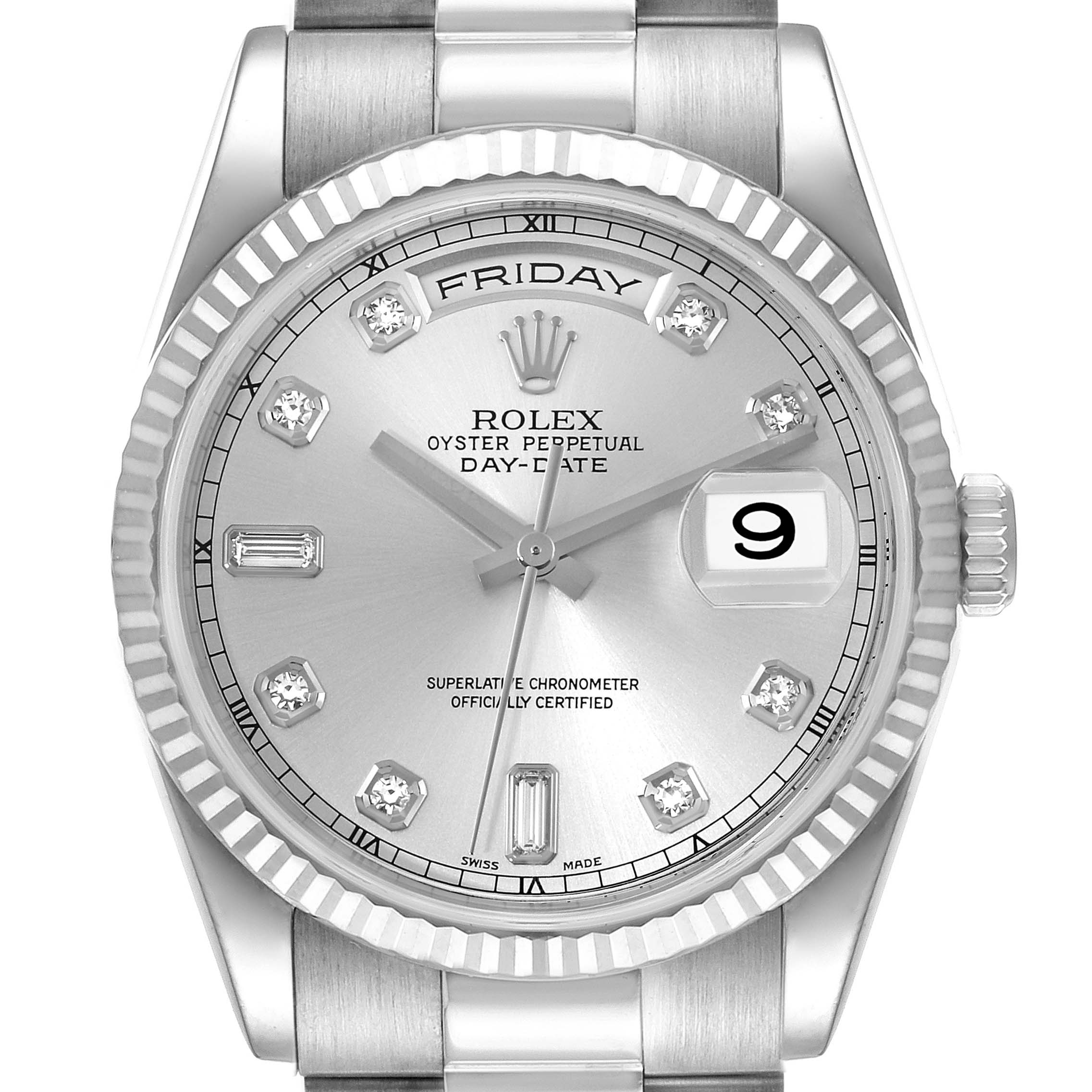 This image displays the dial and bezel of a Rolex President 118239 Men's White Gold Silver Dial 118239 Men's White Gold Silver Dial model watch, viewed from a front angle.