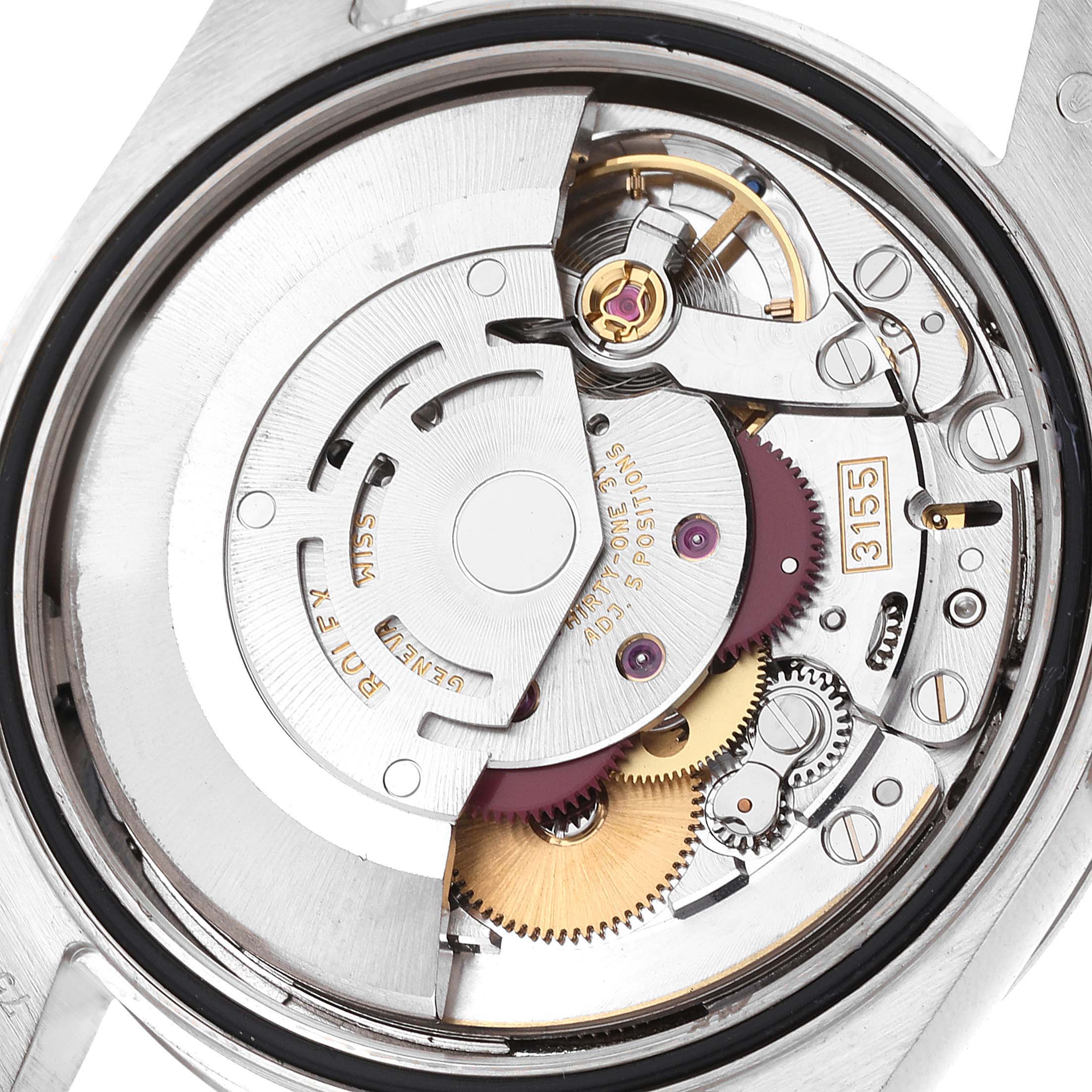 The image shows the internal mechanical movement of a Rolex President 118239 Men's White Gold Silver Dial 118239 Men's White Gold Silver Dial model watch from a top-down angle.