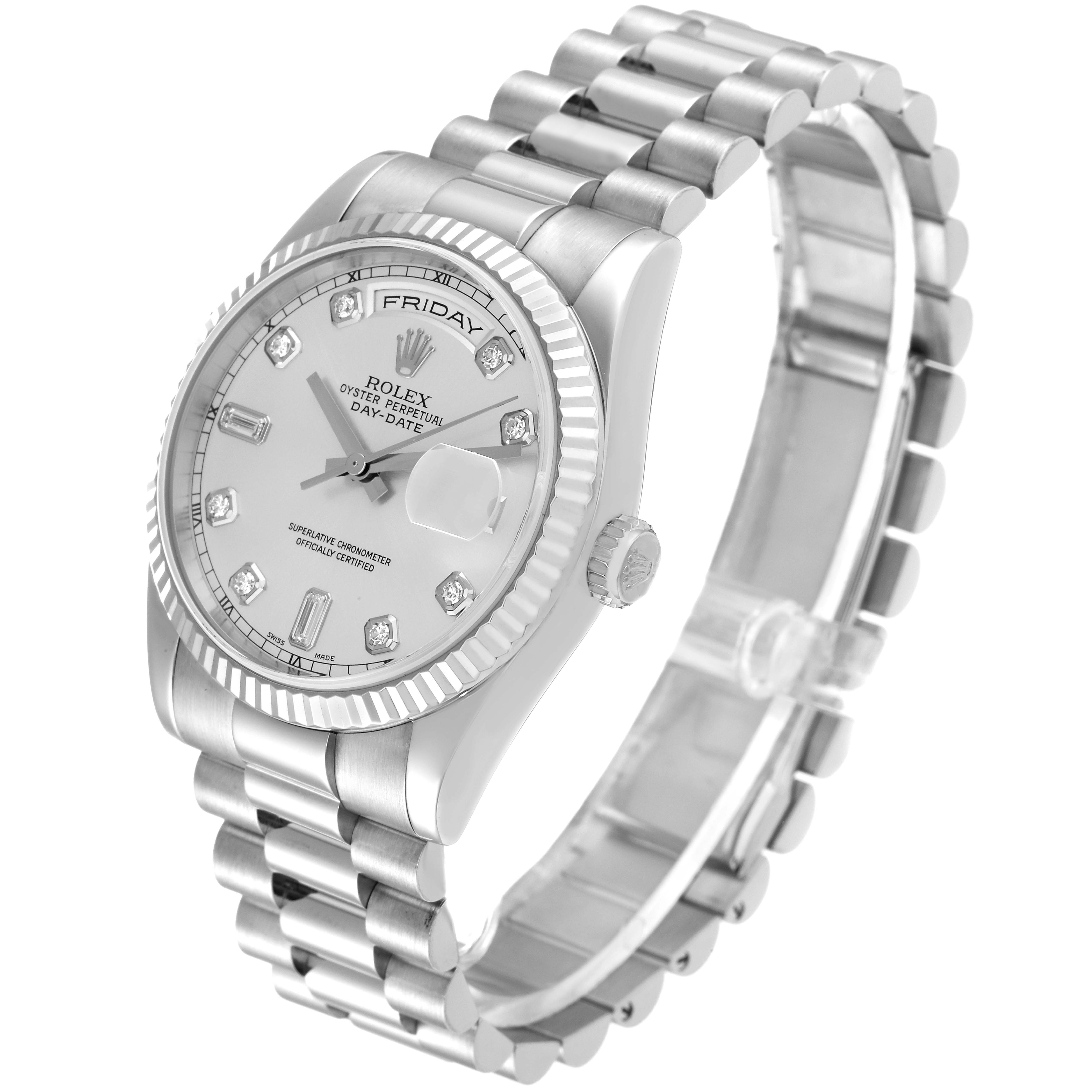 The image shows the front and side views of a Rolex President 118239 Men's White Gold Silver Dial 118239 Men's White Gold Silver Dial model watch, highlighting the dial, bezel, crown, and bracelet.