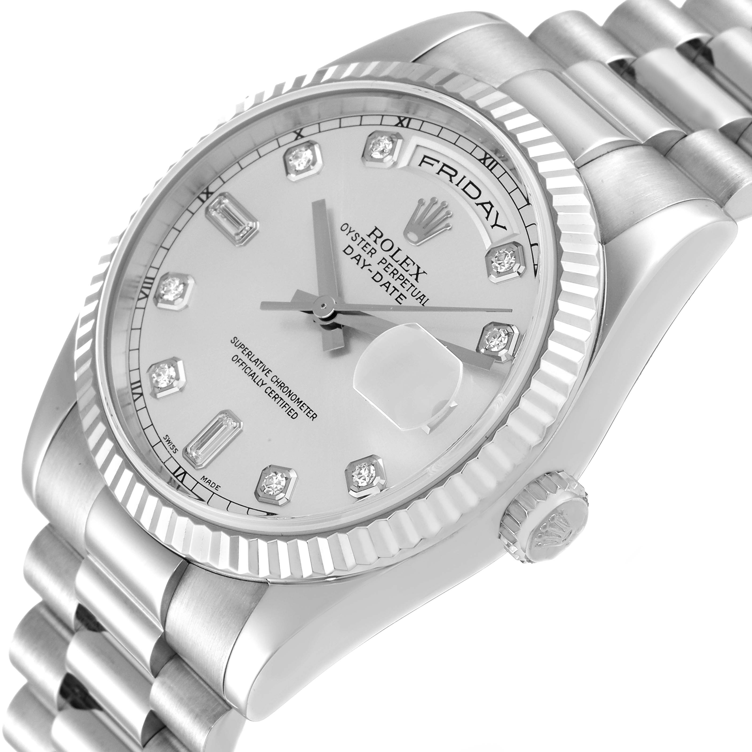 The image shows a Rolex President 118239 Men's White Gold Silver Dial 118239 Men's White Gold Silver Dial watch from an angled top-down perspective, highlighting the dial, fluted bezel, day-date window, and part of the bracelet.