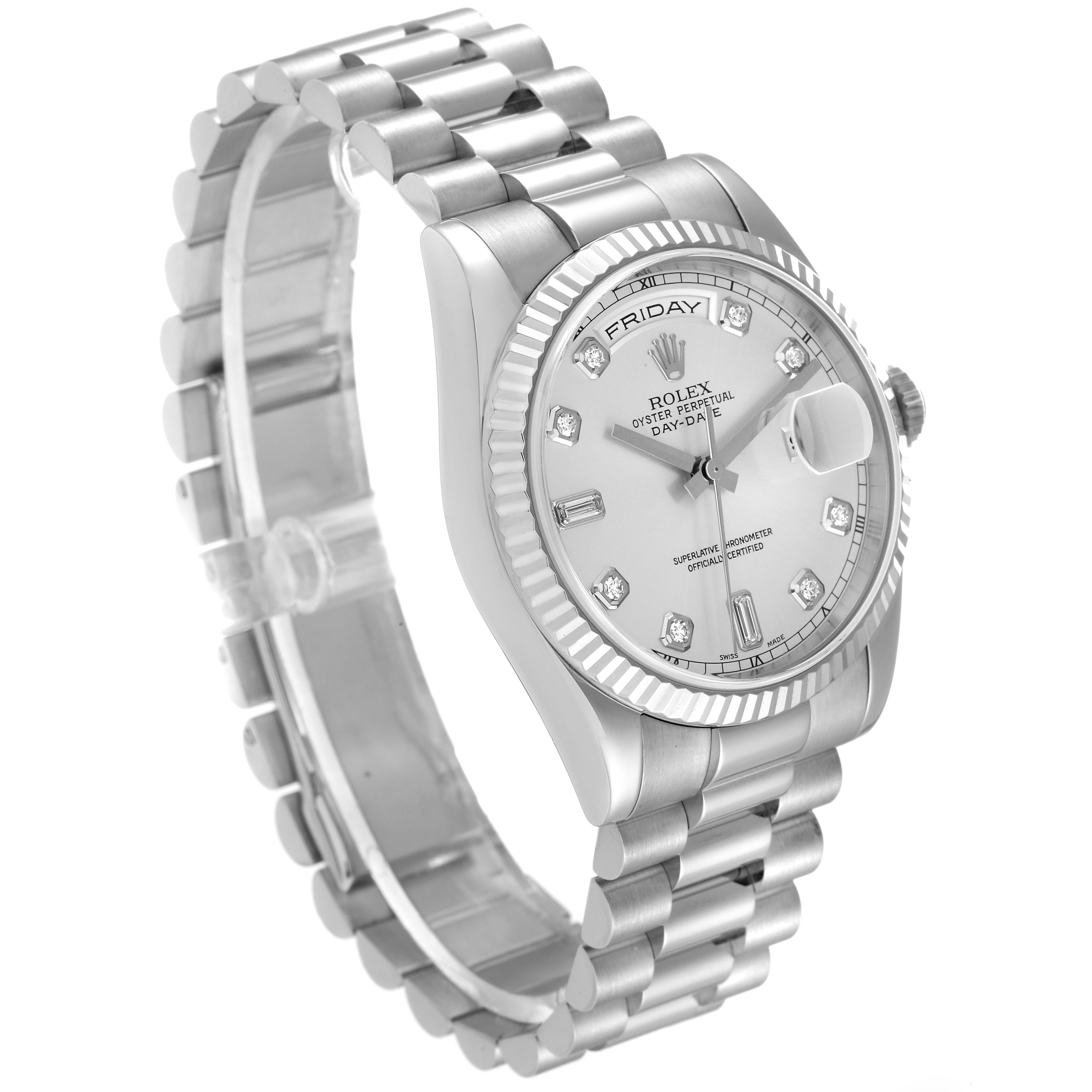 This image shows a Rolex President 118239 Men's White Gold Silver Dial 118239 Men's White Gold Silver Dial model watch from a three-quarter angle, highlighting the face, bracelet, and case.