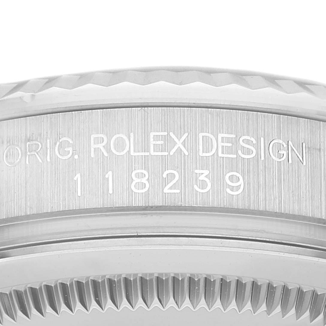 The image shows a close-up of the case back, model number, and fluted bezel of the Rolex President 118239 Men's White Gold Silver Dial 118239 Men's White Gold Silver Dial watch.