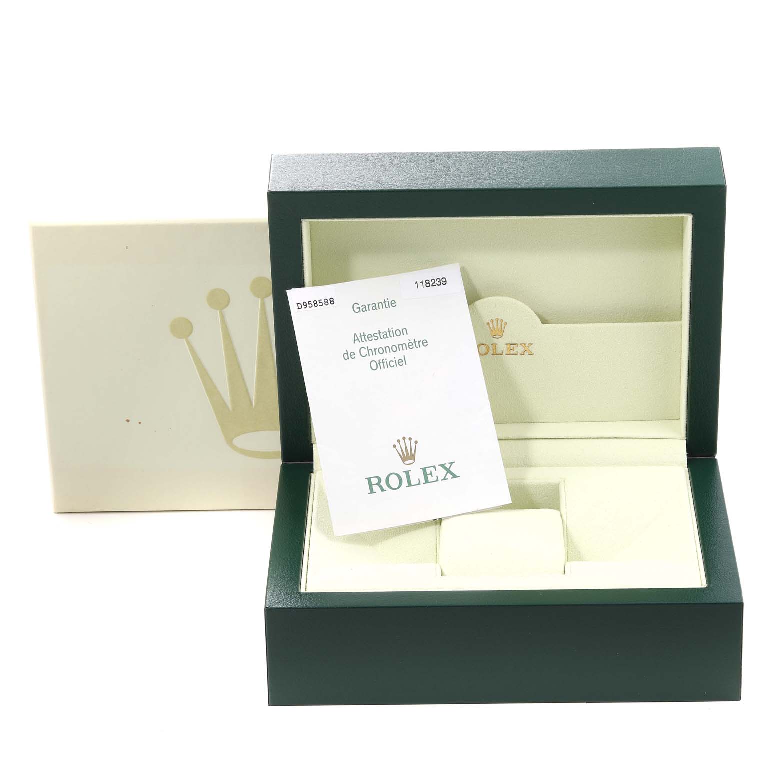 The image shows an open Rolex President 118239 Men's White Gold Silver Dial 118239 Men's White Gold Silver Dial model watch box, with an authenticity card placed inside.