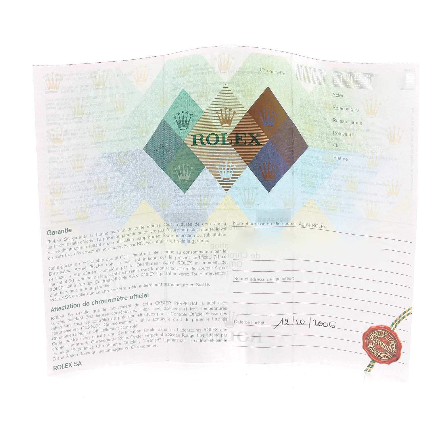 This is an image of a warranty card for a Rolex President 118239 Men's White Gold Silver Dial 118239 Men's White Gold Silver Dial model watch.