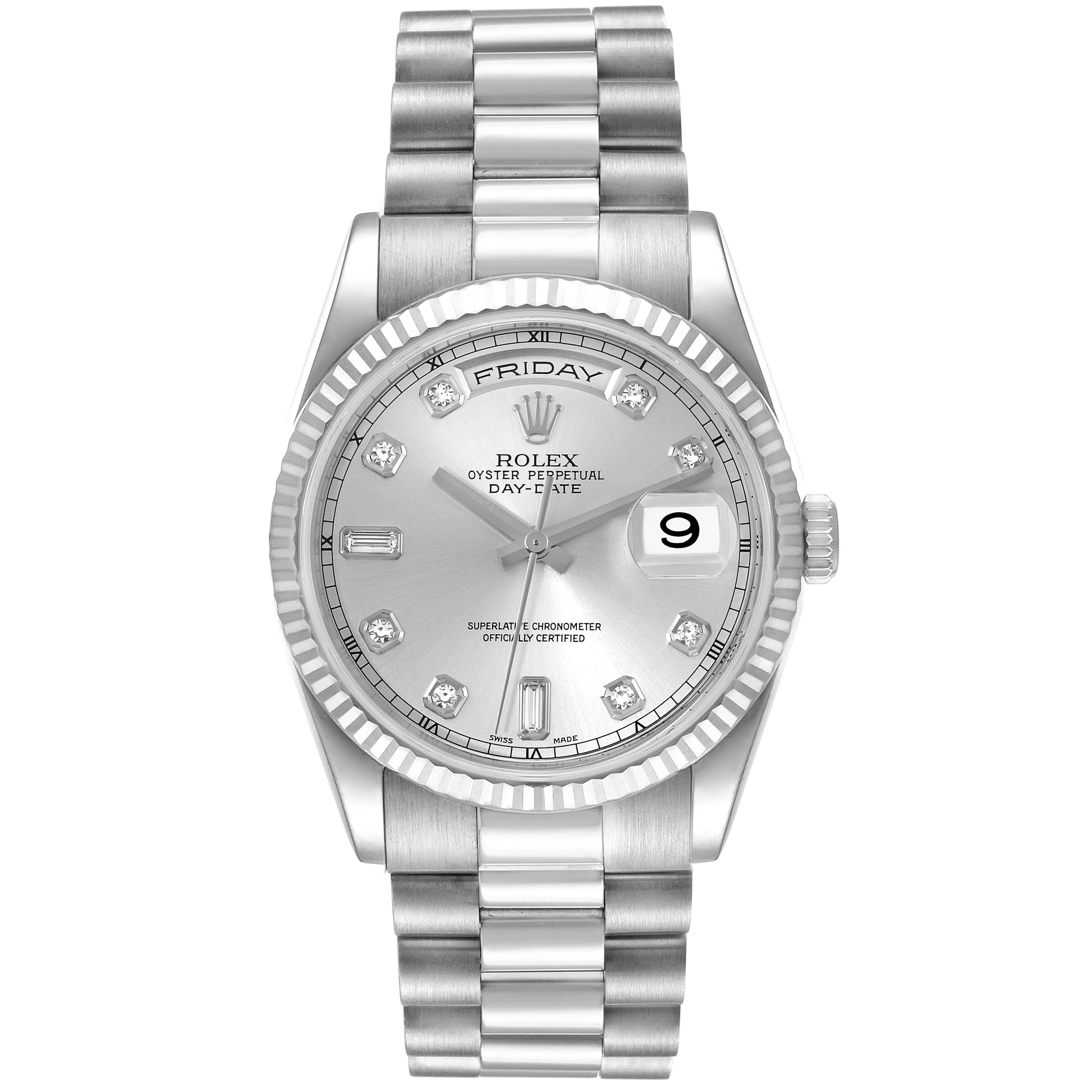 The image shows a front view of the Rolex President 118239 Men's White Gold Silver Dial 118239 Men's White Gold Silver Dial Oyster Perpetual Day-Date watch, displaying the dial, bezel, and bracelet clearly.