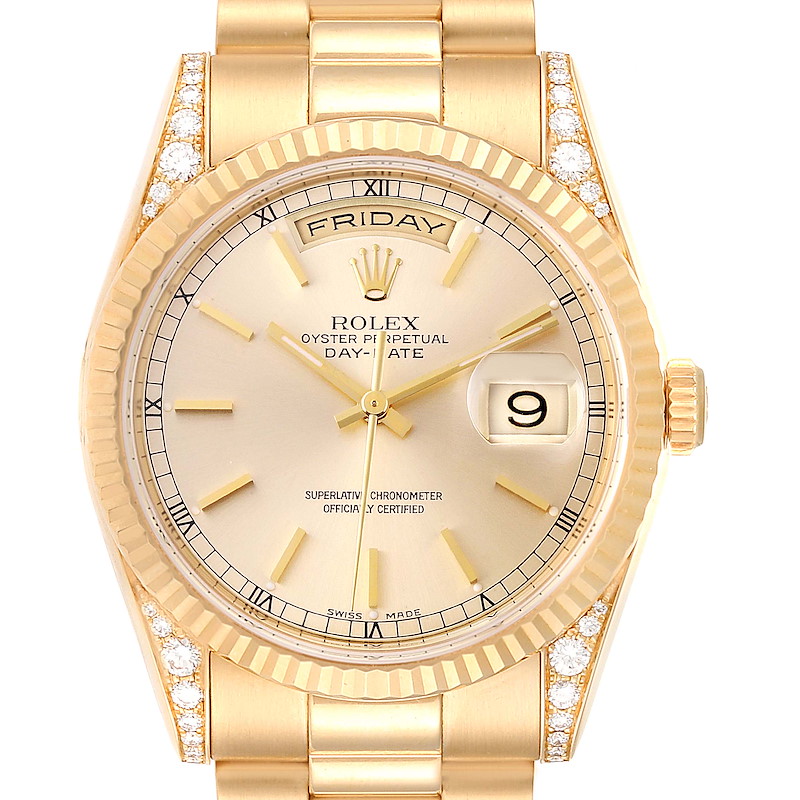 Rolex President Day Date Yellow Gold Diamond Lugs Watch 118338 Box Papers SwissWatchExpo
