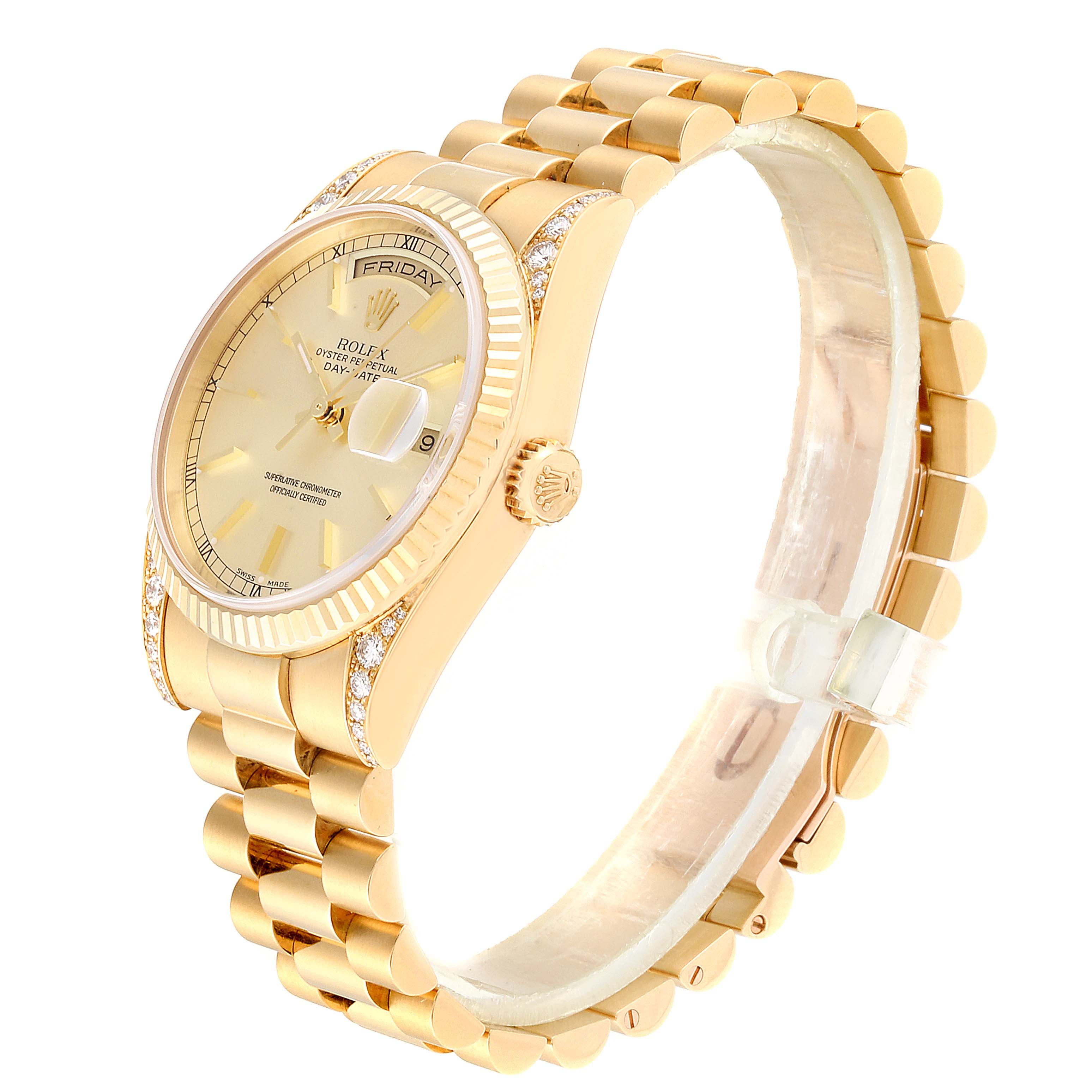 This image shows a side and angled front view of a gold Rolex President 118338 Men
s Yellow Gold Champagne Dial 118338 Men
s Yellow Gold Champagne Dial model watch, highlighting its bezel, dial, and bracelet.