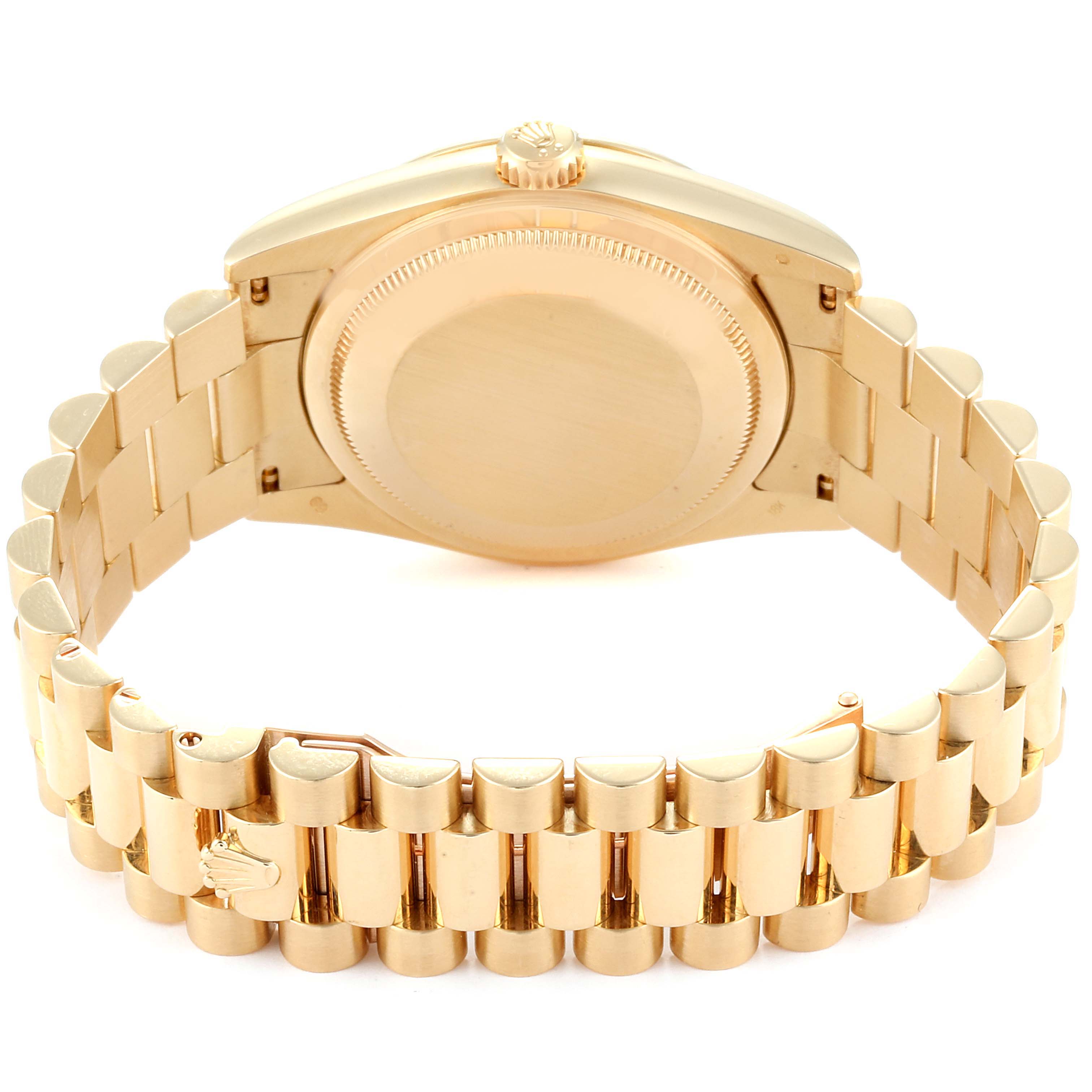 The image shows the back view of a Rolex President 118338 Men
s Yellow Gold Champagne Dial 118338 Men
s Yellow Gold Champagne Dial model watch, highlighting the case back and the bracelet.
